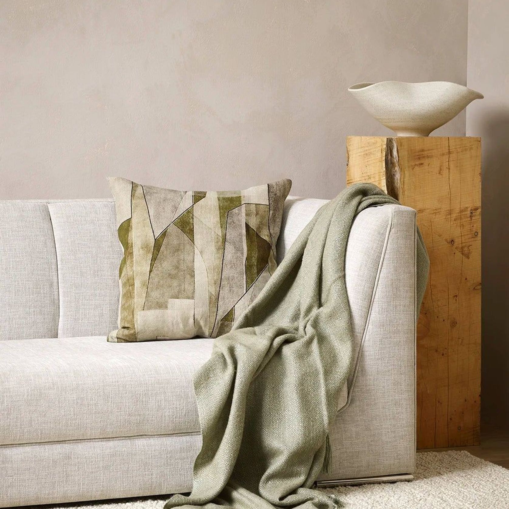 Baya Grove Linen Cushion - Olive | Abstract Print gallery detail image