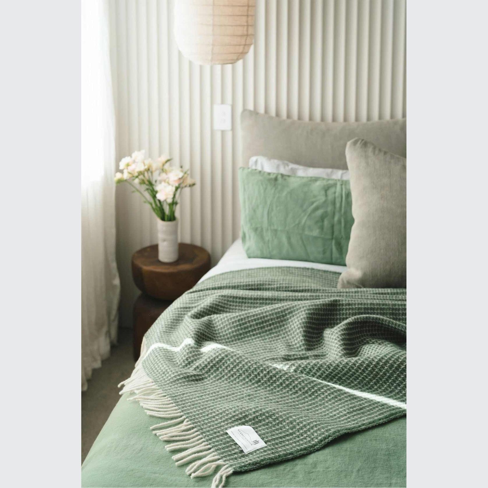 Ruanui Station Lambswool Waffle Throw - Omarae Olive gallery detail image