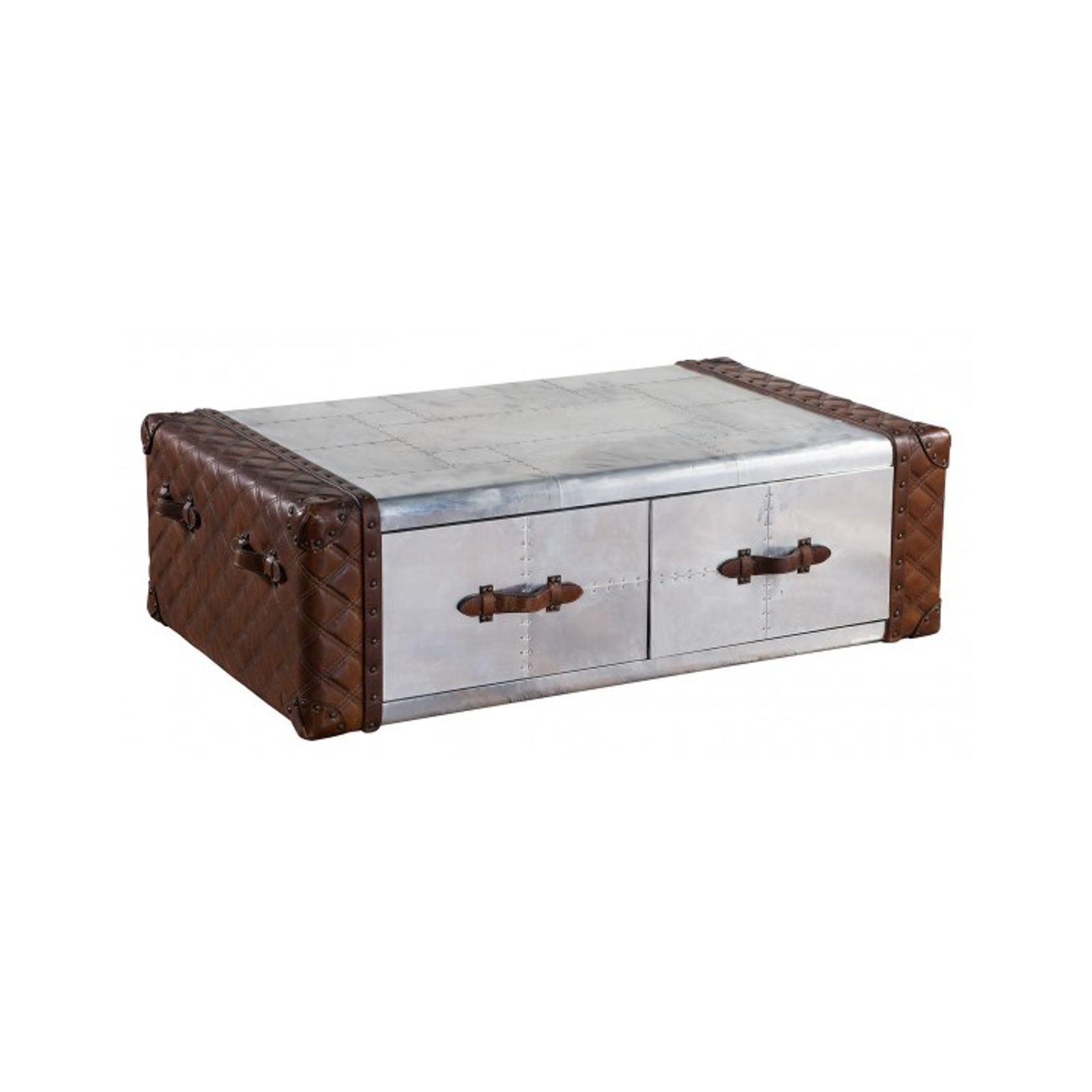 Piper Aztec Aluminium and Brown Leather Coffee Trunk Table gallery detail image