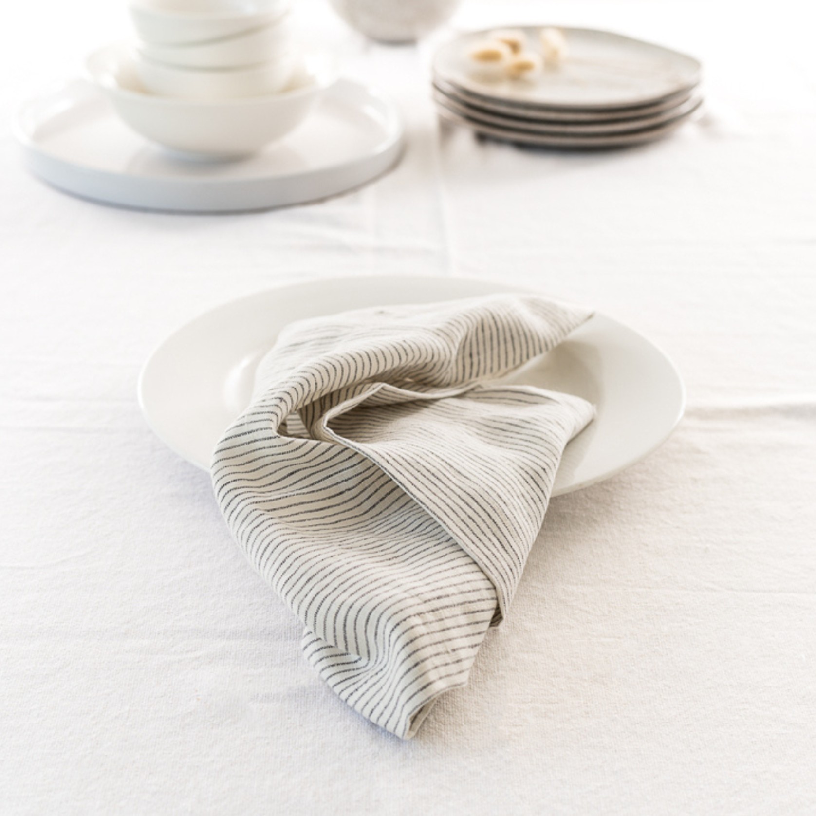 100% French Flax Linen Napkin- Set of 4 Charcoal Pinstripe gallery detail image