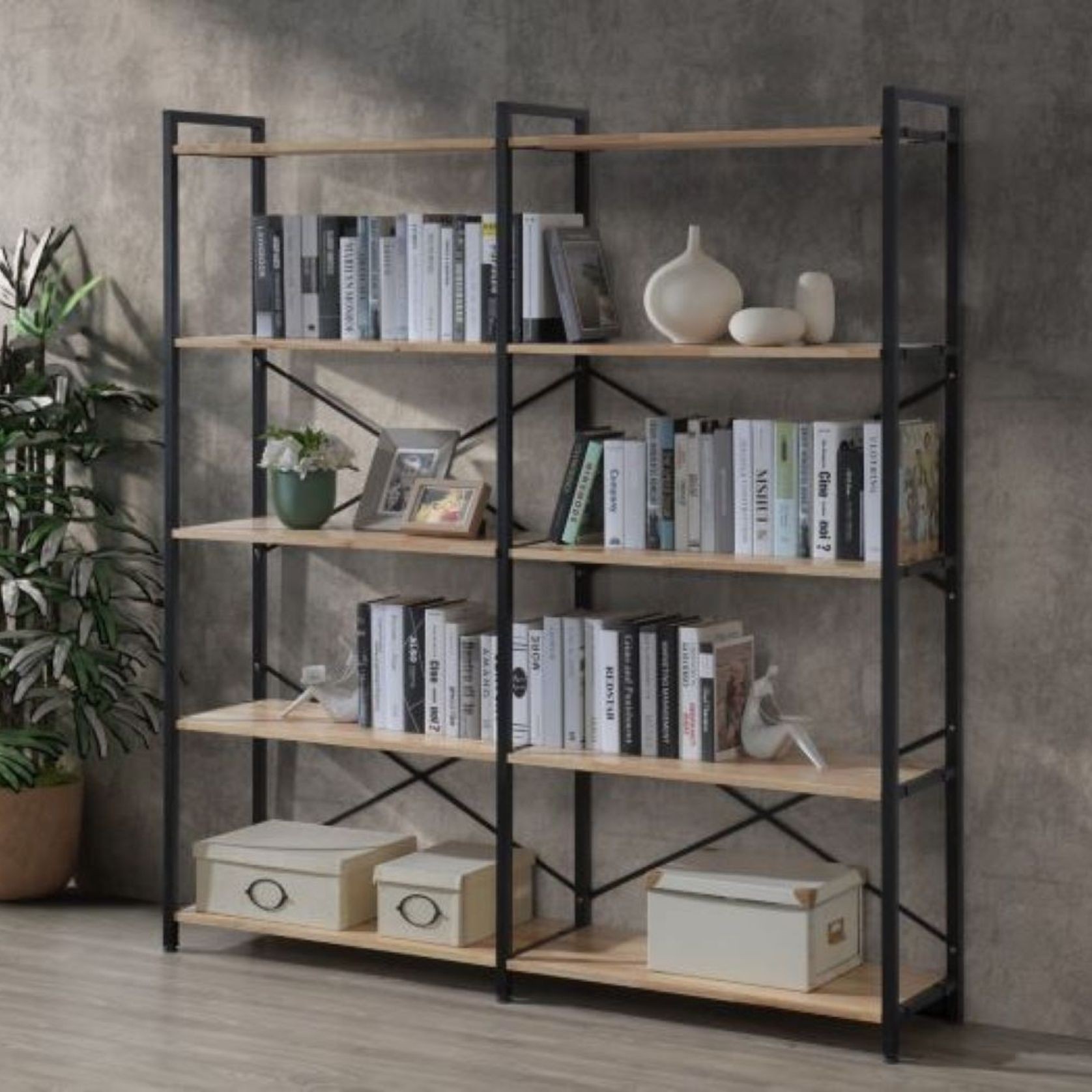 Axel 2PCE Shelving Unit Tall | Black Steel & Natural gallery detail image