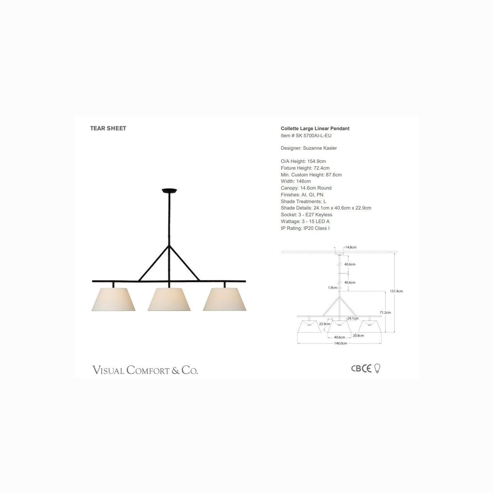 Visual Comfort Suzanne Kasler Collette Large Linear Pendant gallery detail image