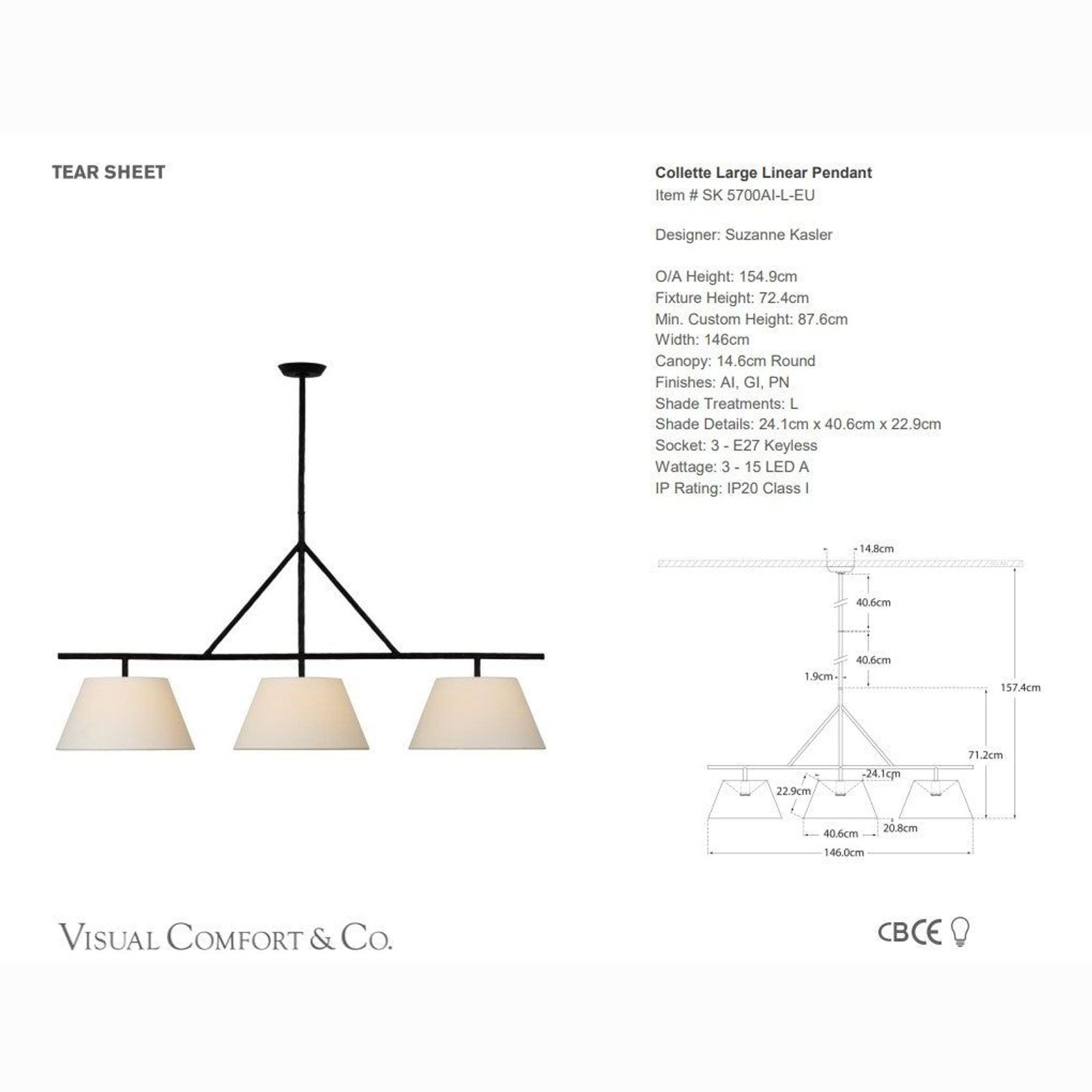 Visual Comfort Suzanne Kasler Collette Large Linear Pendant gallery detail image