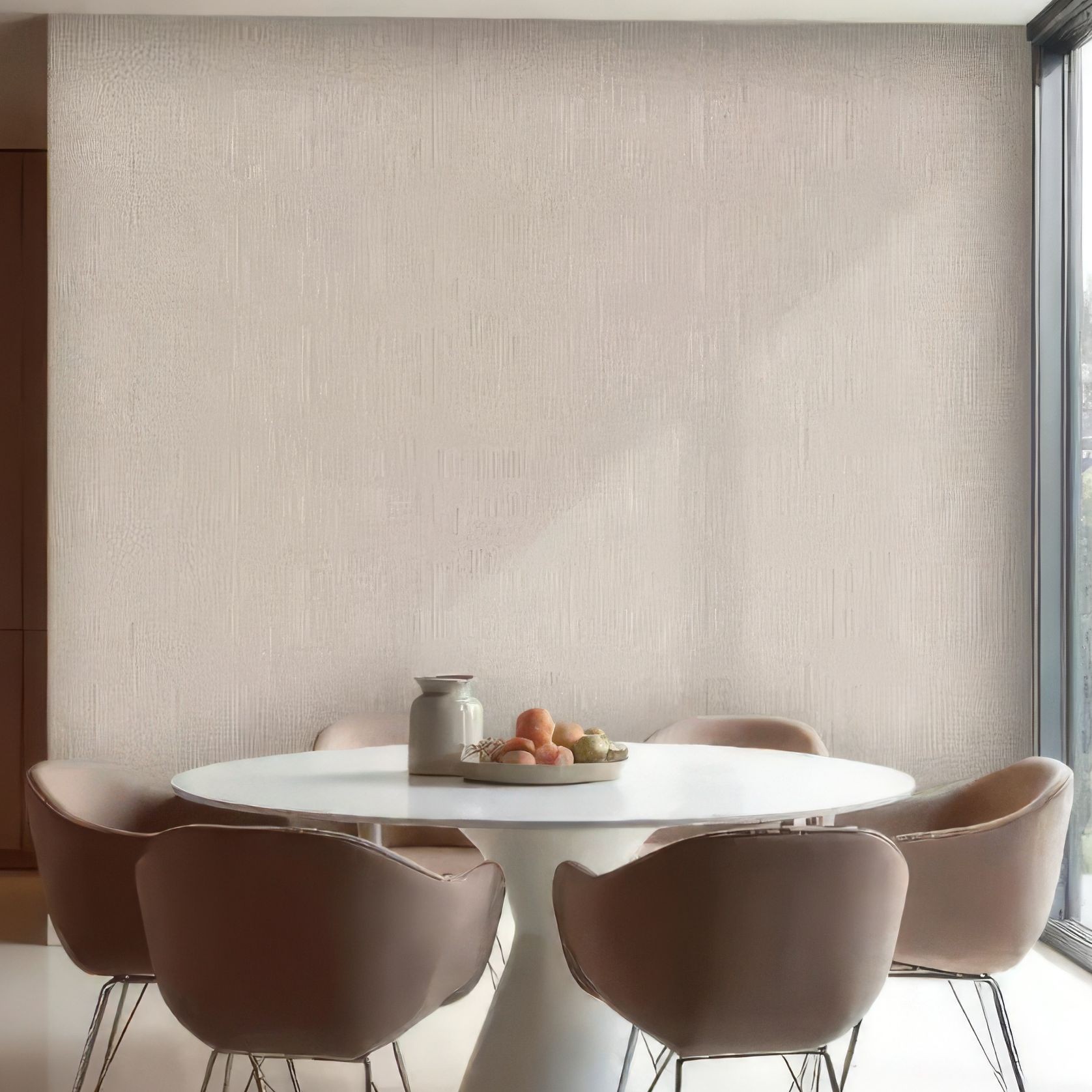 Architectural 3D MDF Wall Panel Futura in the interior with a round white table and 6 armchairs