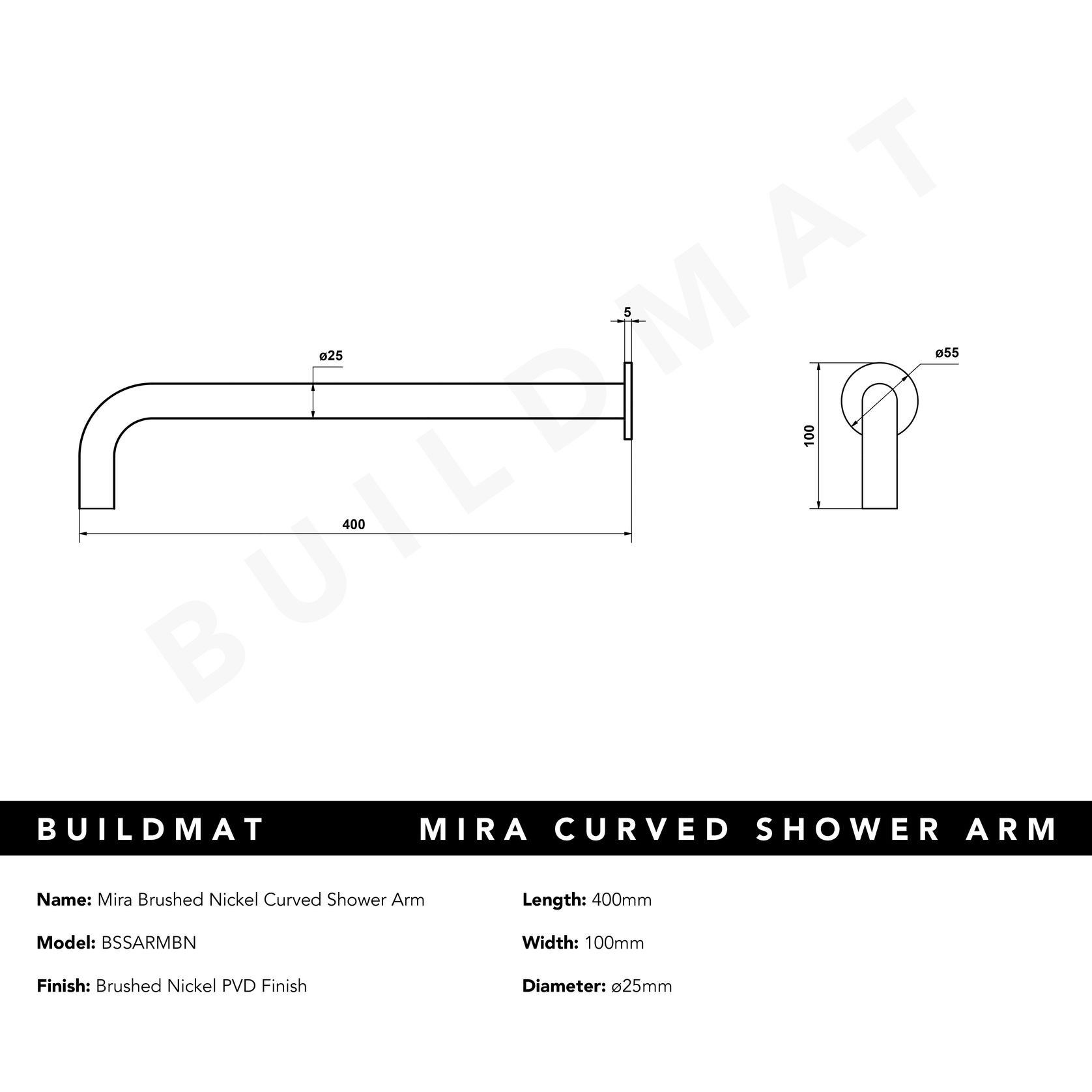 Mira Brushed Nickel Curved Shower Arm gallery detail image
