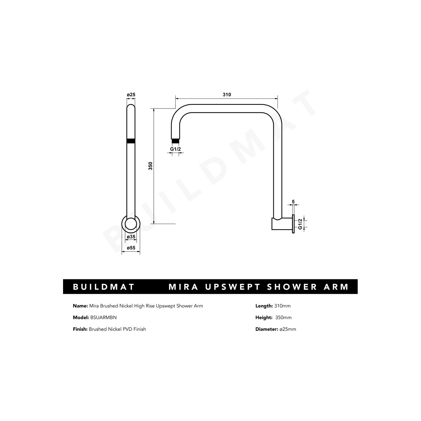 Mira Brushed Nickel High Rise Upswept Shower Arm gallery detail image