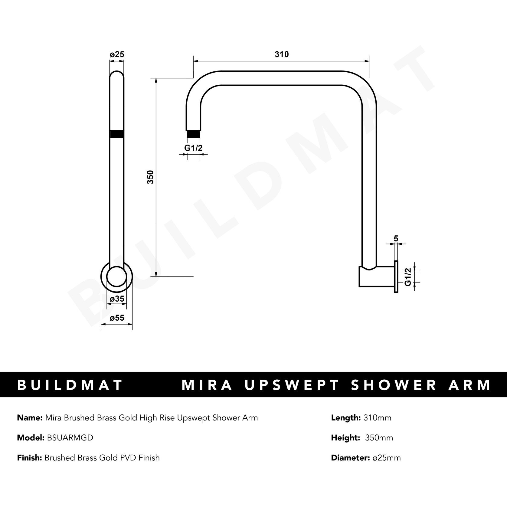 Mira Brushed Brass Gold High Rise Upswept Shower Arm gallery detail image