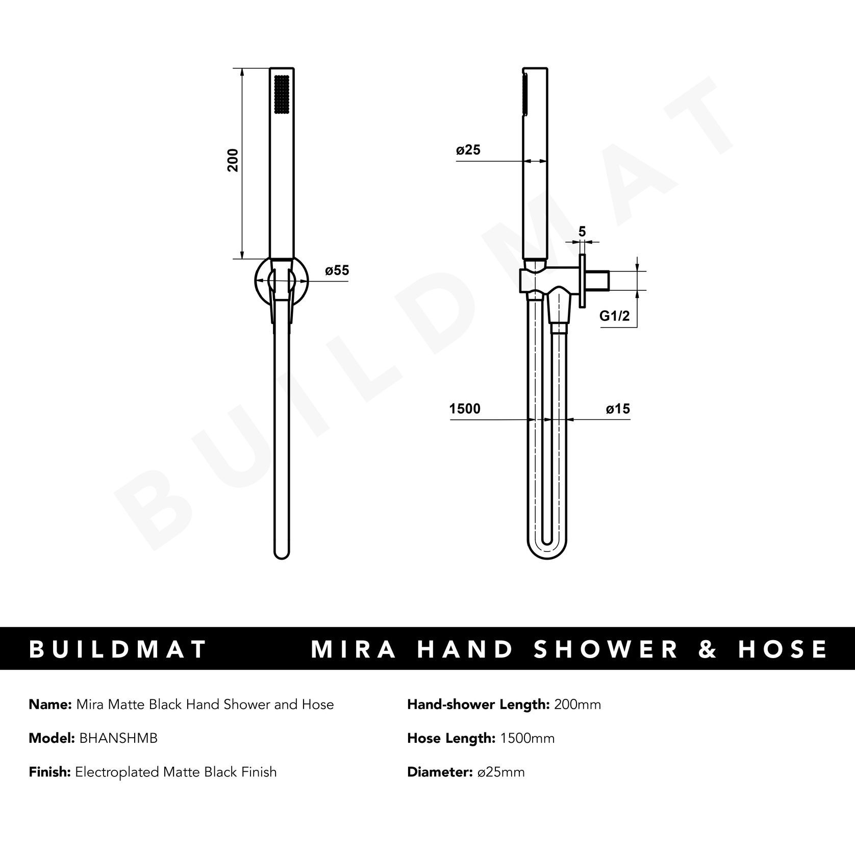 Mira Matte Black Hand Shower and Hose gallery detail image