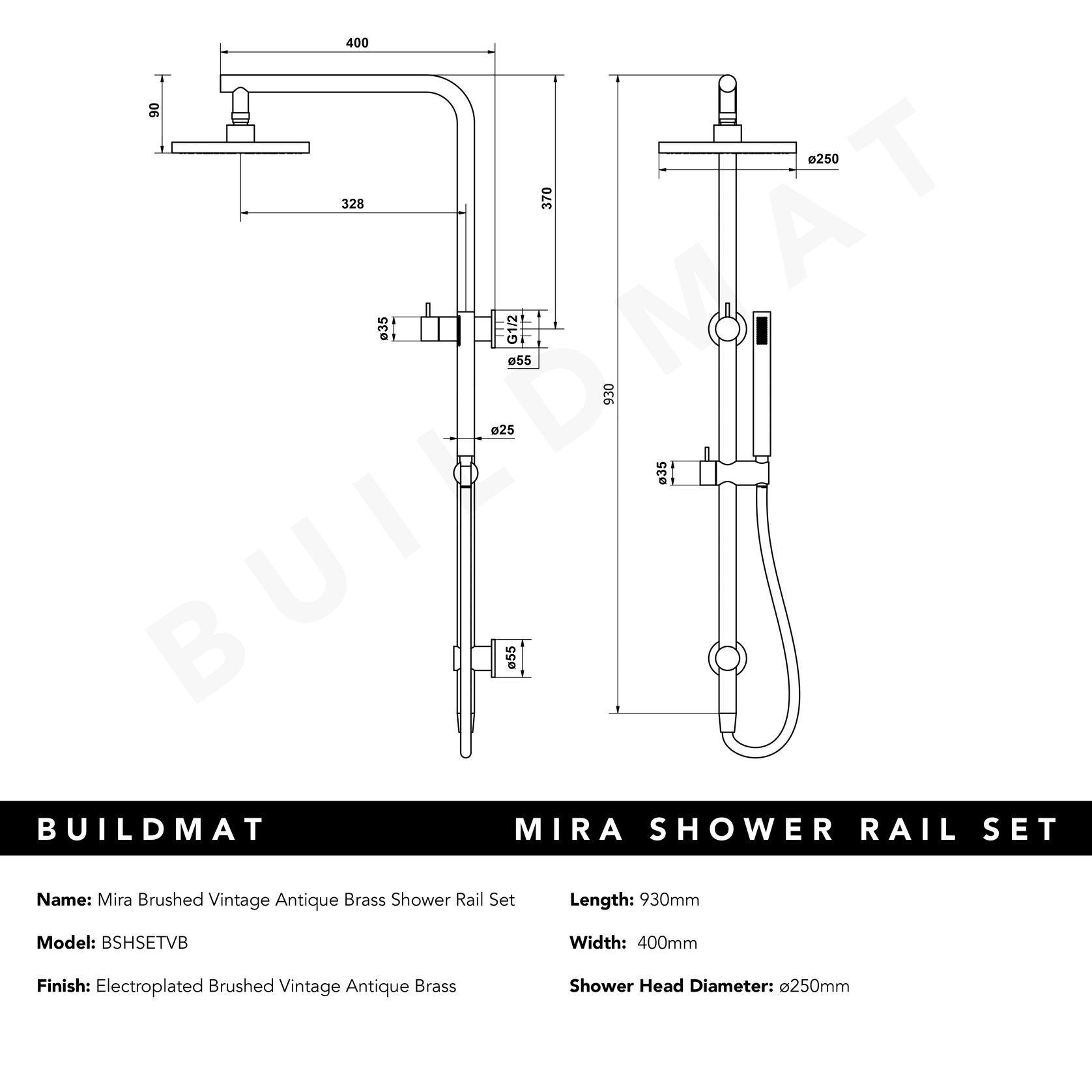 Mira Brushed Vintage Antique Brass Shower Rail Twin Set gallery detail image