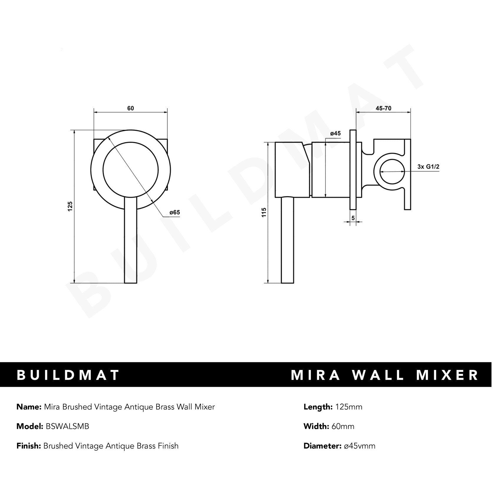 Mira Vintage Antique Brass Wall Mixer gallery detail image