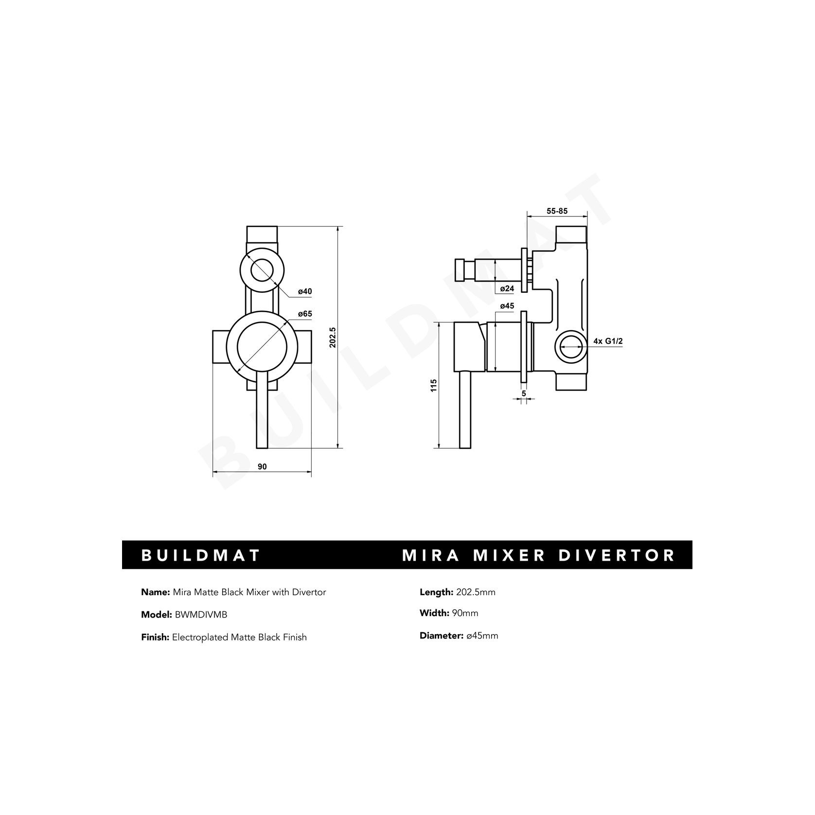 Mira Matte Black Wall Mixer with divertor gallery detail image