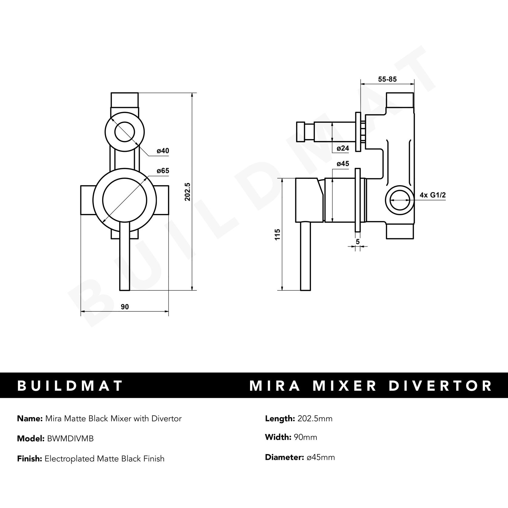 Mira Matte Black Wall Mixer with divertor gallery detail image