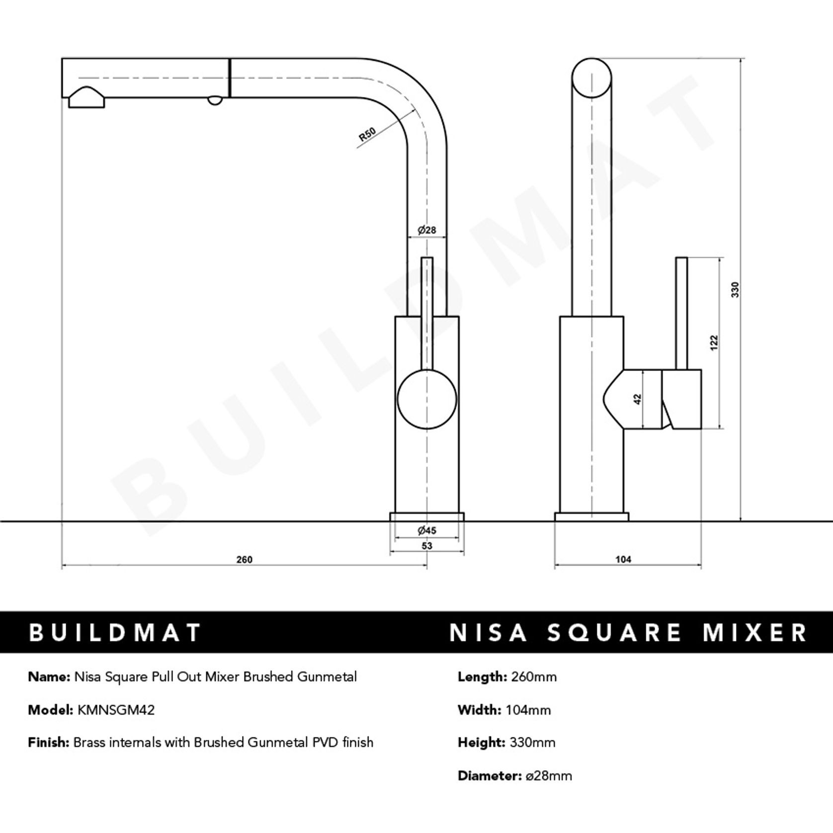 Nisa Square Pull Out Mixer Brushed Gunmetal gallery detail image