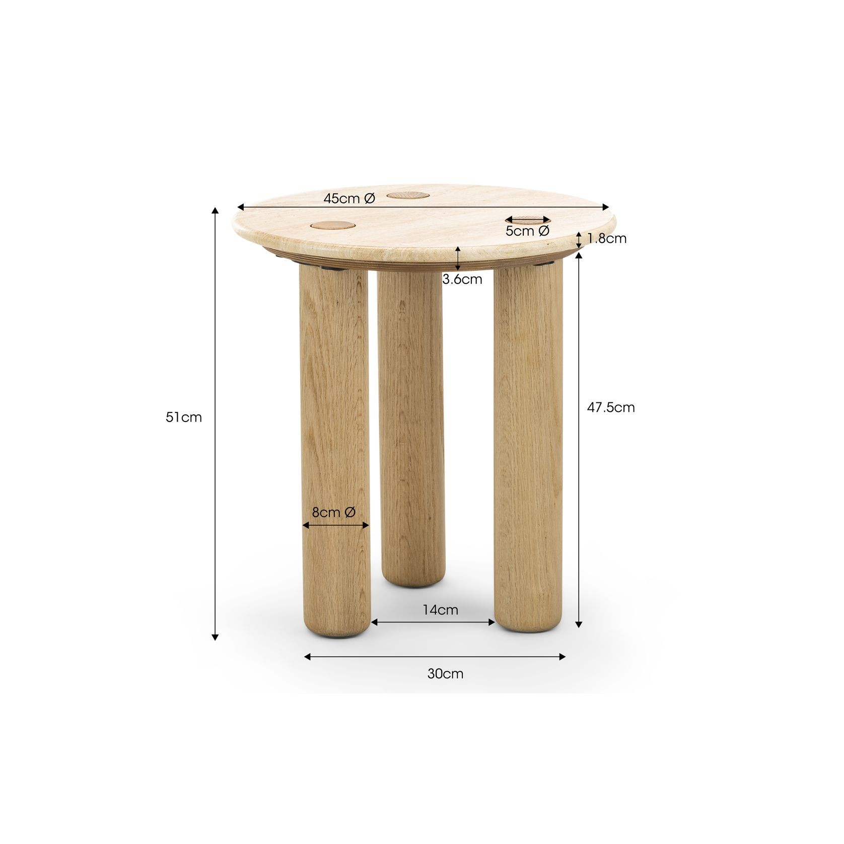 Ayra 45cm Round Travertine Side Table | Cream & Natural Oak gallery detail image