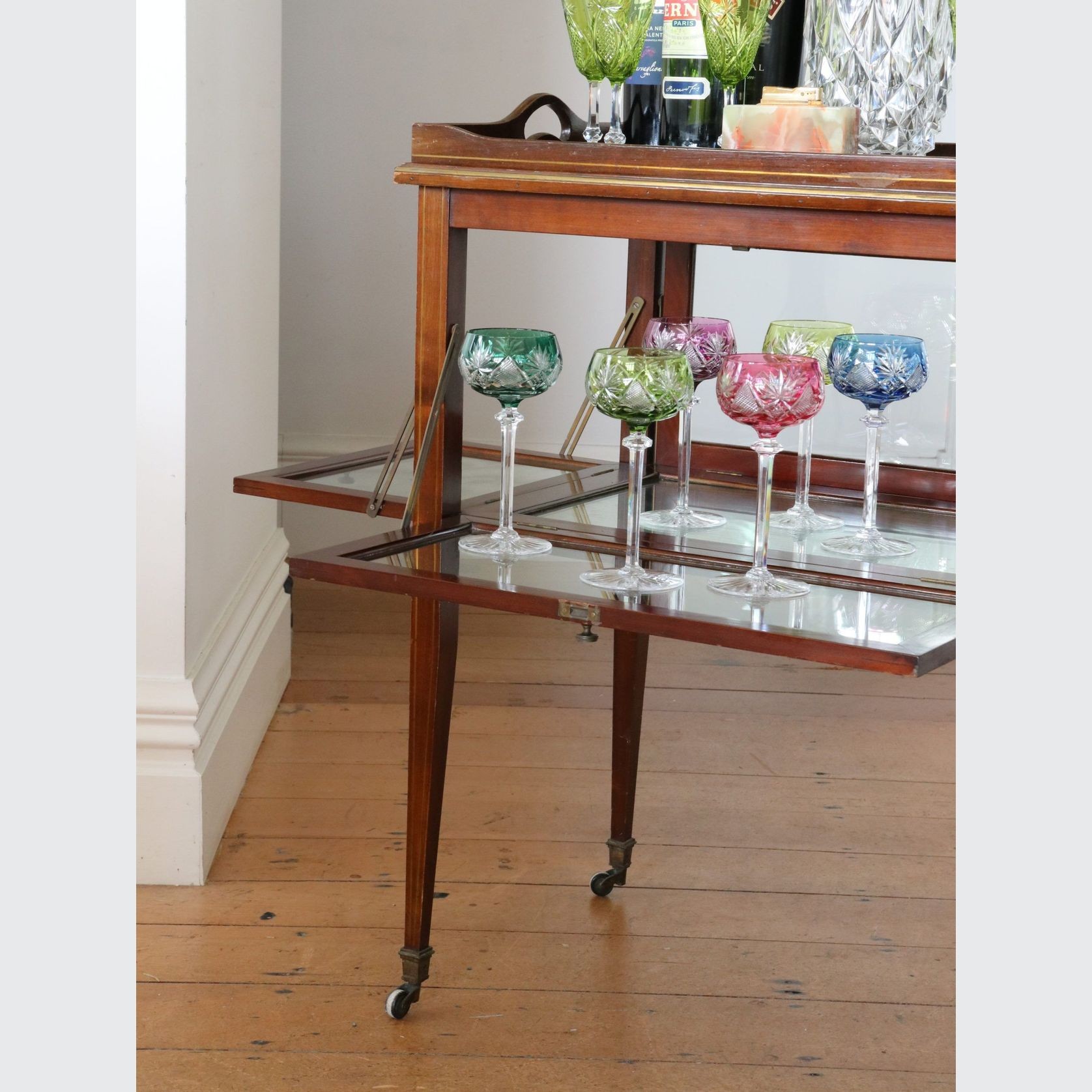 Antique English Mahogany Bar Service Trolley On Wheels gallery detail image