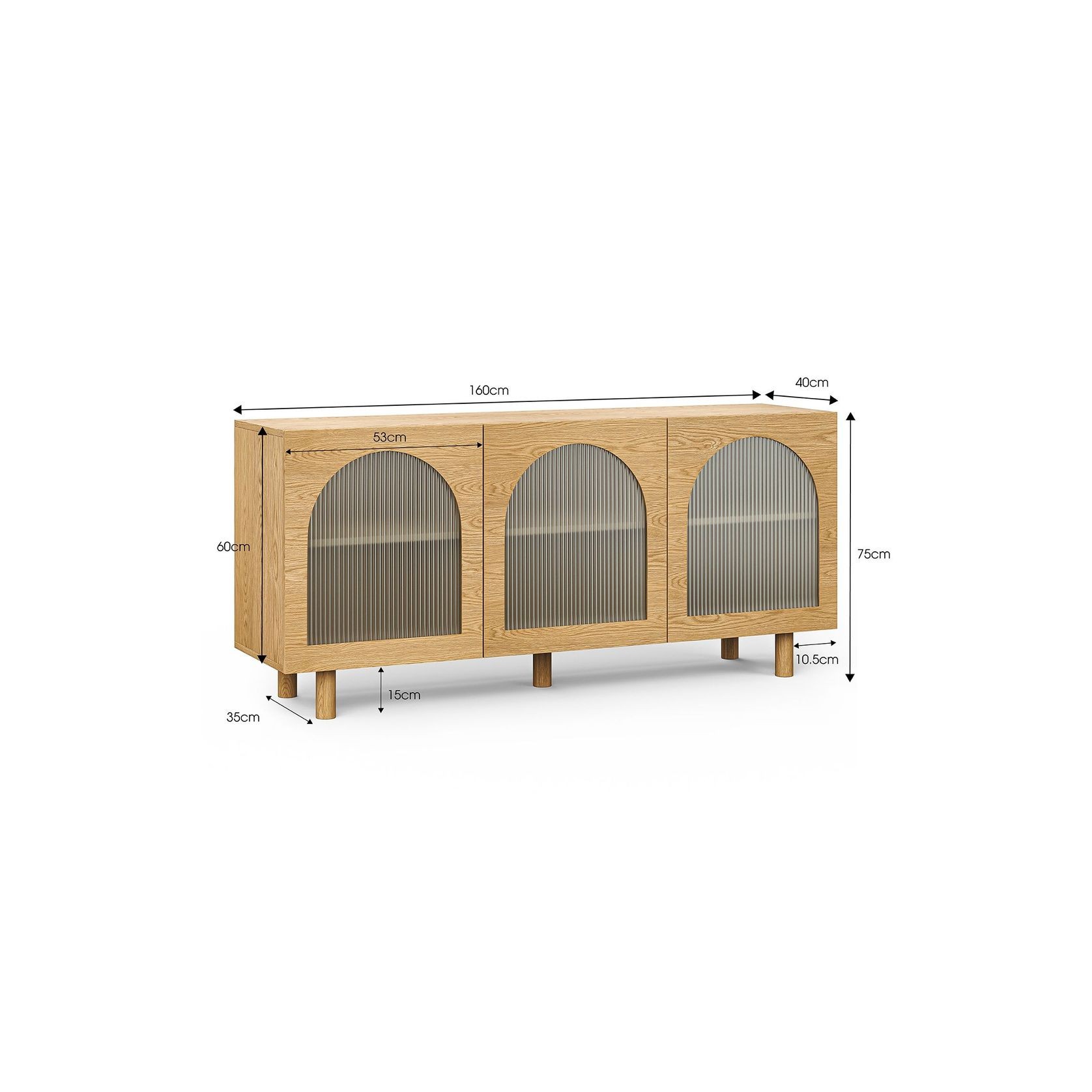 Cove 3 Door Fluted Glass Arch Sideboard Buffet | Natural Oak gallery detail image