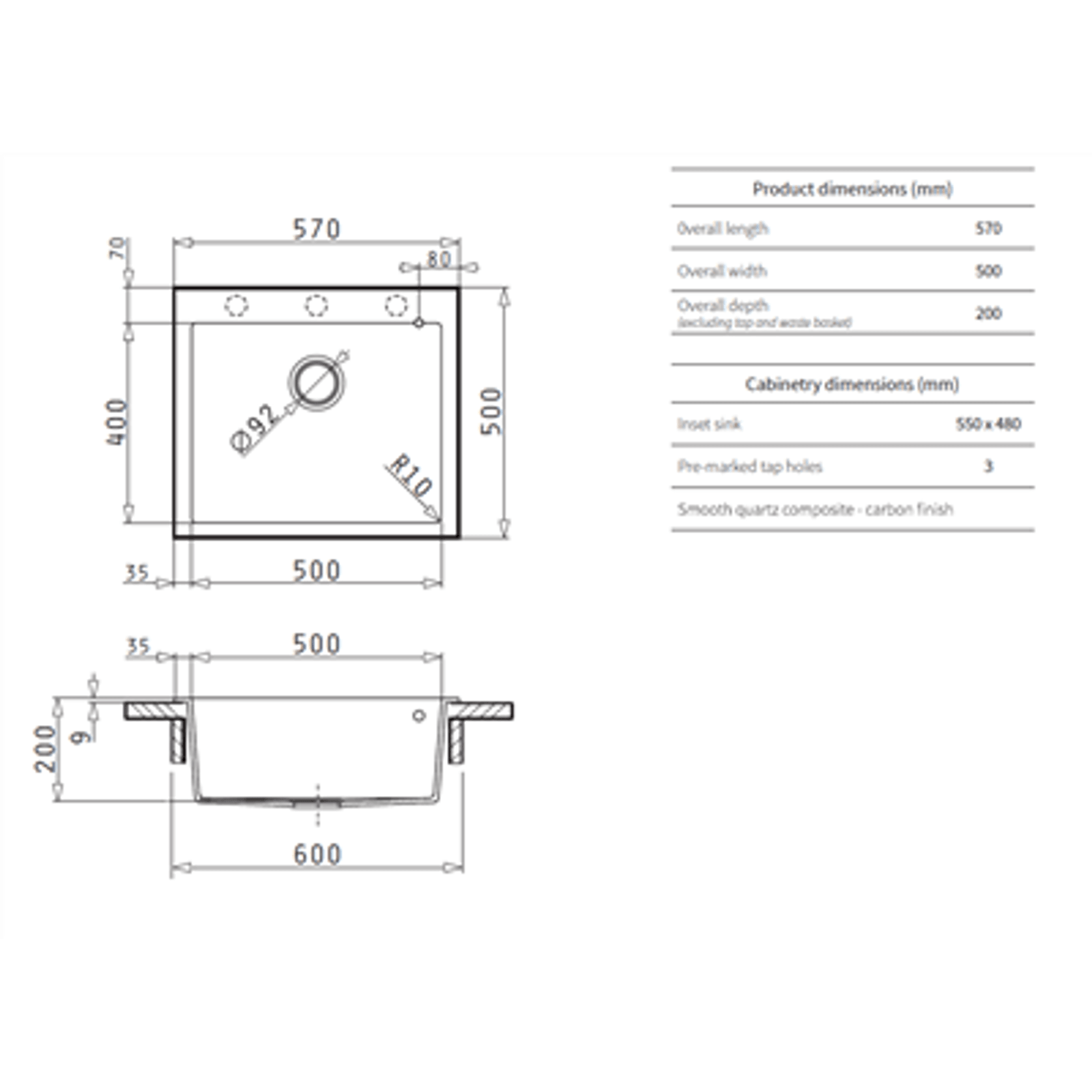 Platinum Quartz (Carbon Black) | 570 Single Bowl T/M gallery detail image