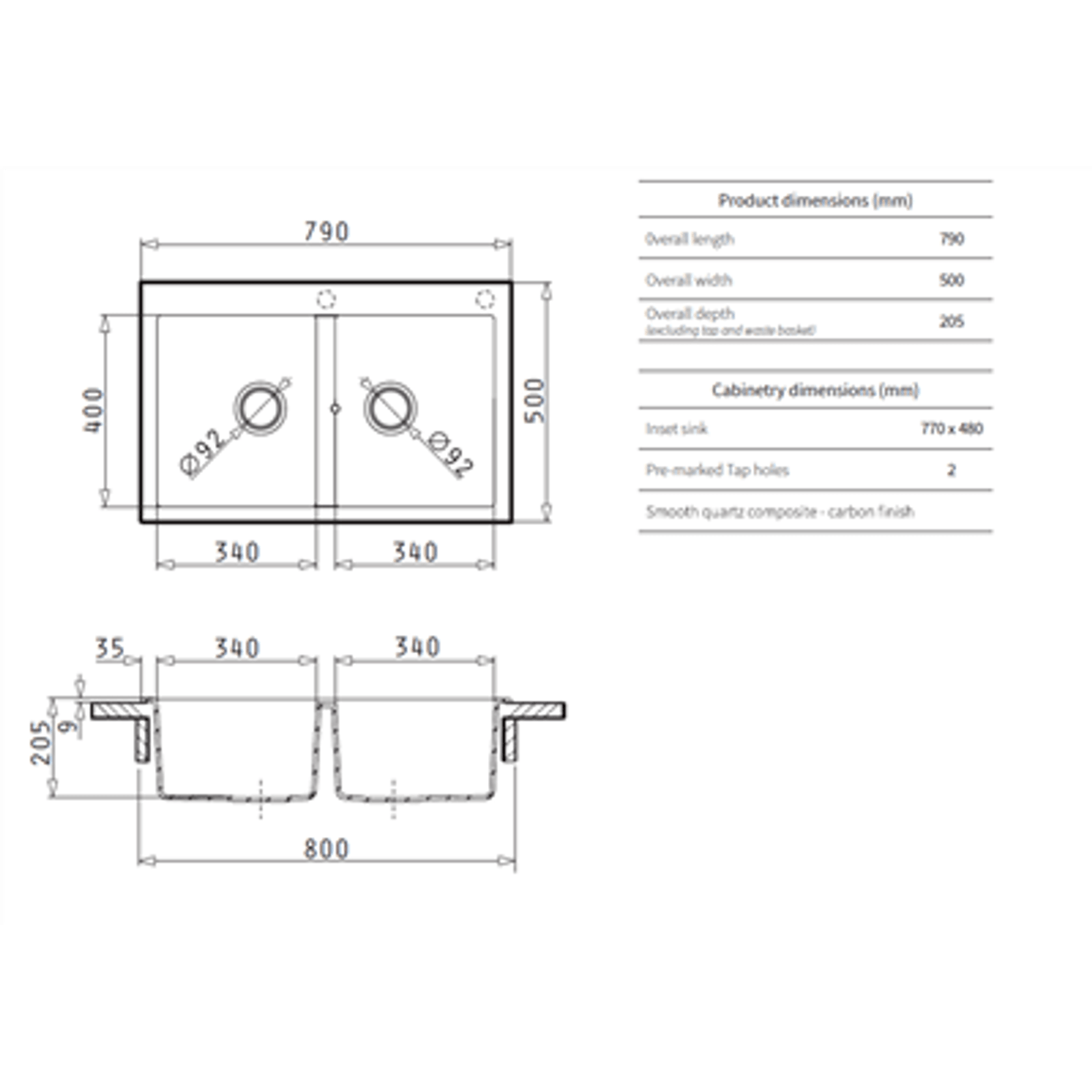 Platinum Quartz (Carbon Black) | 790 Double Bowl T/M gallery detail image
