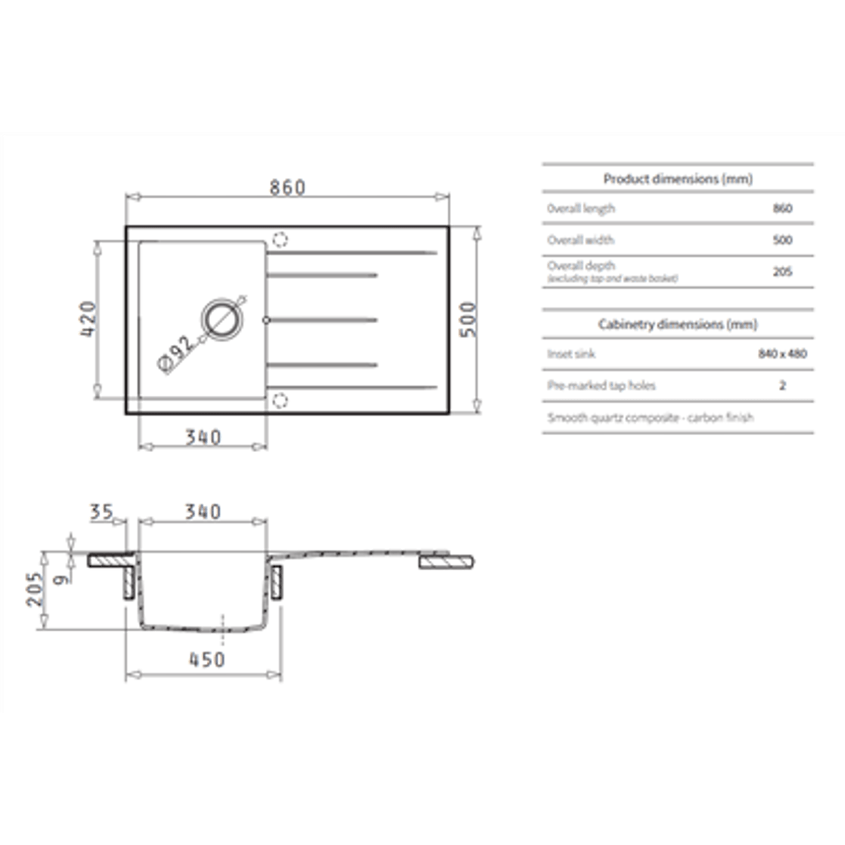 Platinum Quartz (Carbon Black) | 860 Single Bowl gallery detail image