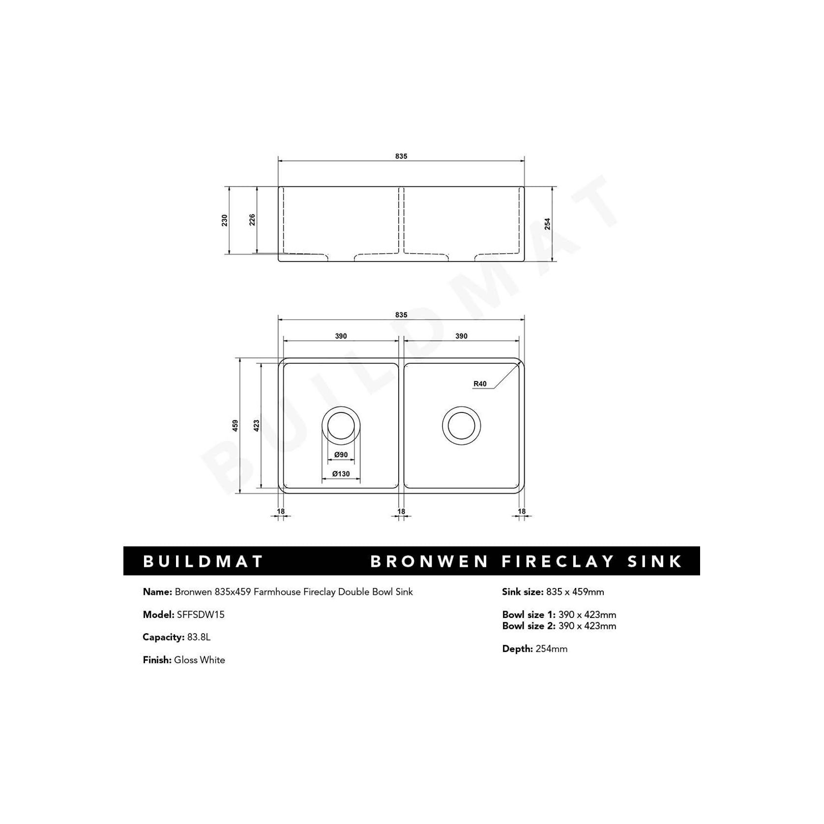 Bronwen 835x459 Farmhouse Fireclay Double Bowl Sink gallery detail image