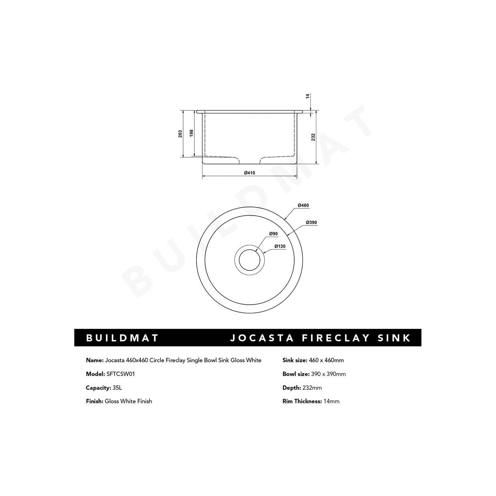 Jocasta 460x460 Gloss White Circle Fireclay Single Bowl gallery detail image