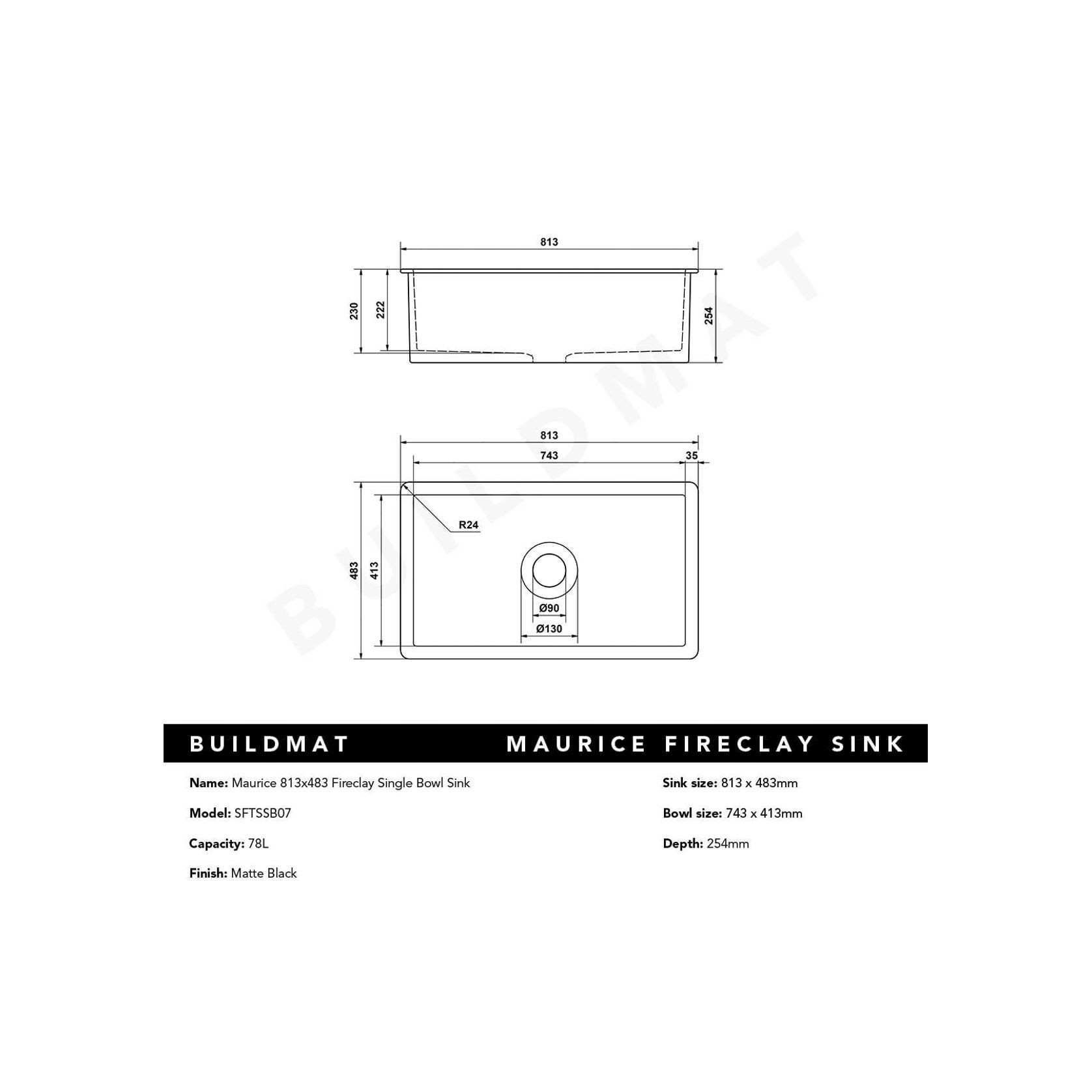 Maurice 813x483 Matte Black Fireclay Single Bowl Sink gallery detail image