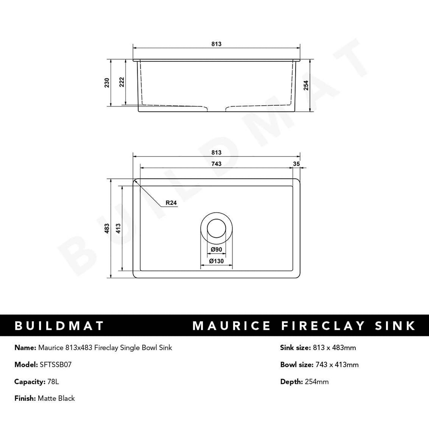 Maurice 813x483 Matte Black Fireclay Single Bowl Sink gallery detail image