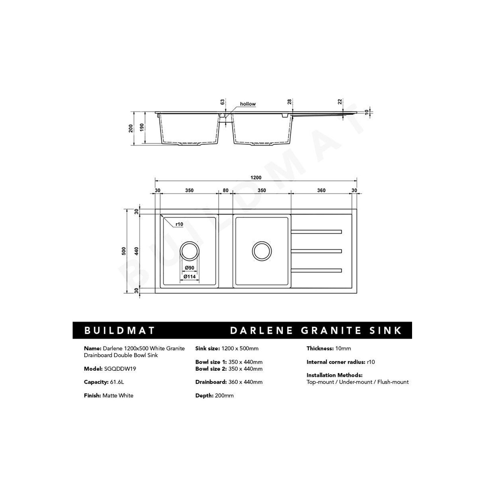 Darlene 1200x500 White Granite Drainboard Sink gallery detail image