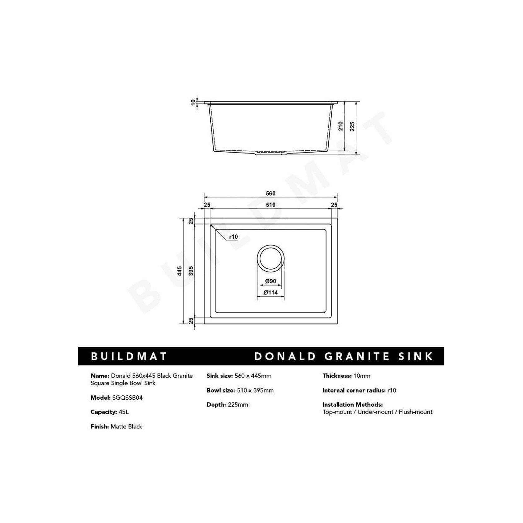 Donald 560x445 Black Granite Square Single Bowl Sink gallery detail image