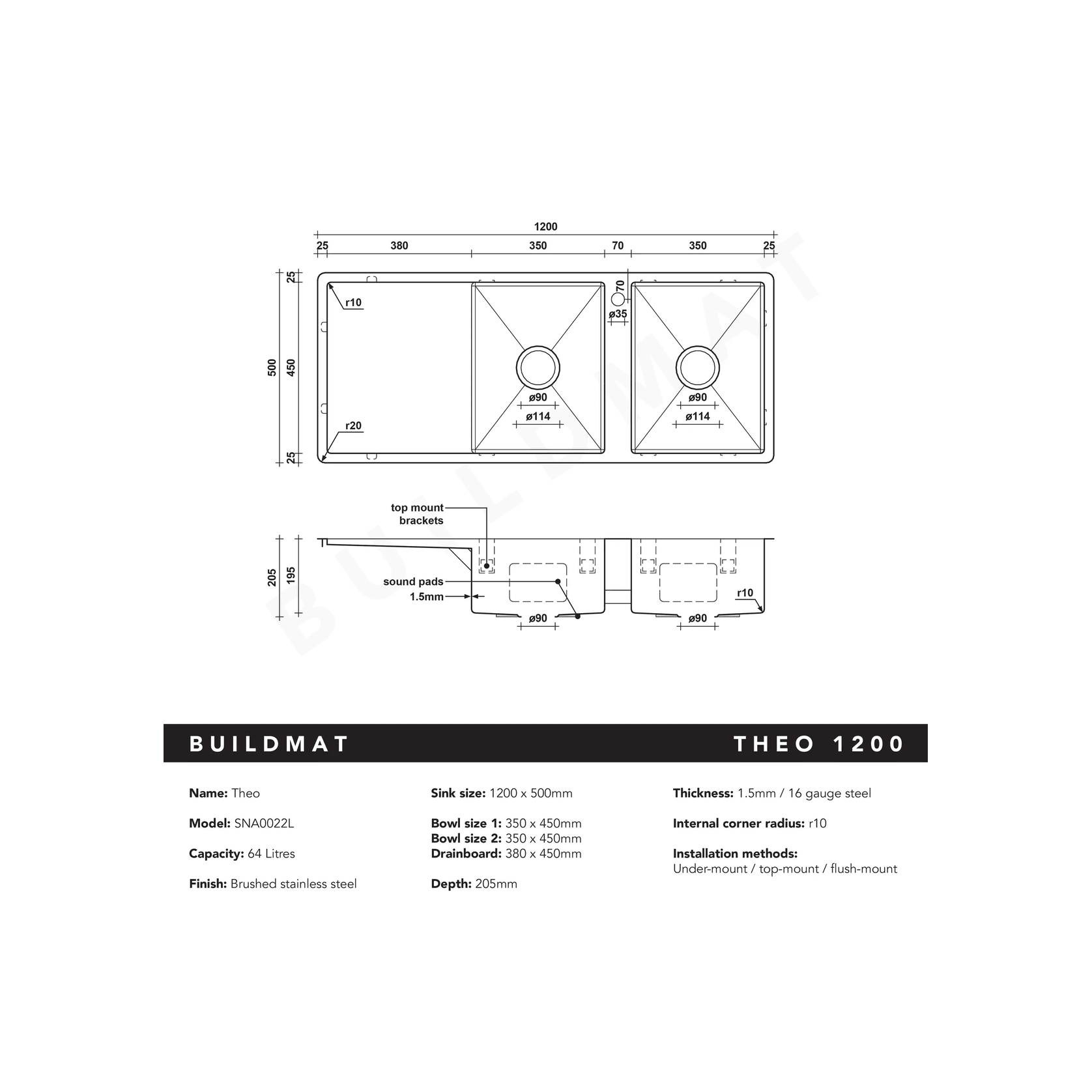 Theo 1200x500 Double Bowl with Drain Board Sink gallery detail image