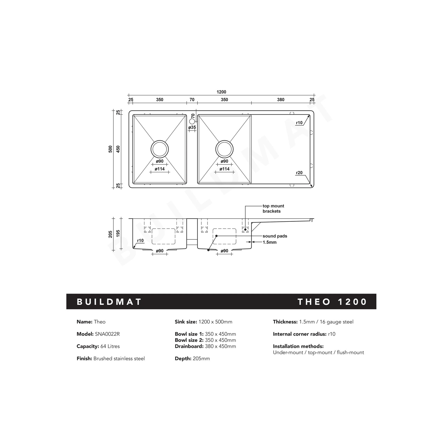 Theo 1200x500 Double Bowl with Drain Board Sink With Taphole Left Hand Drainboard gallery detail image