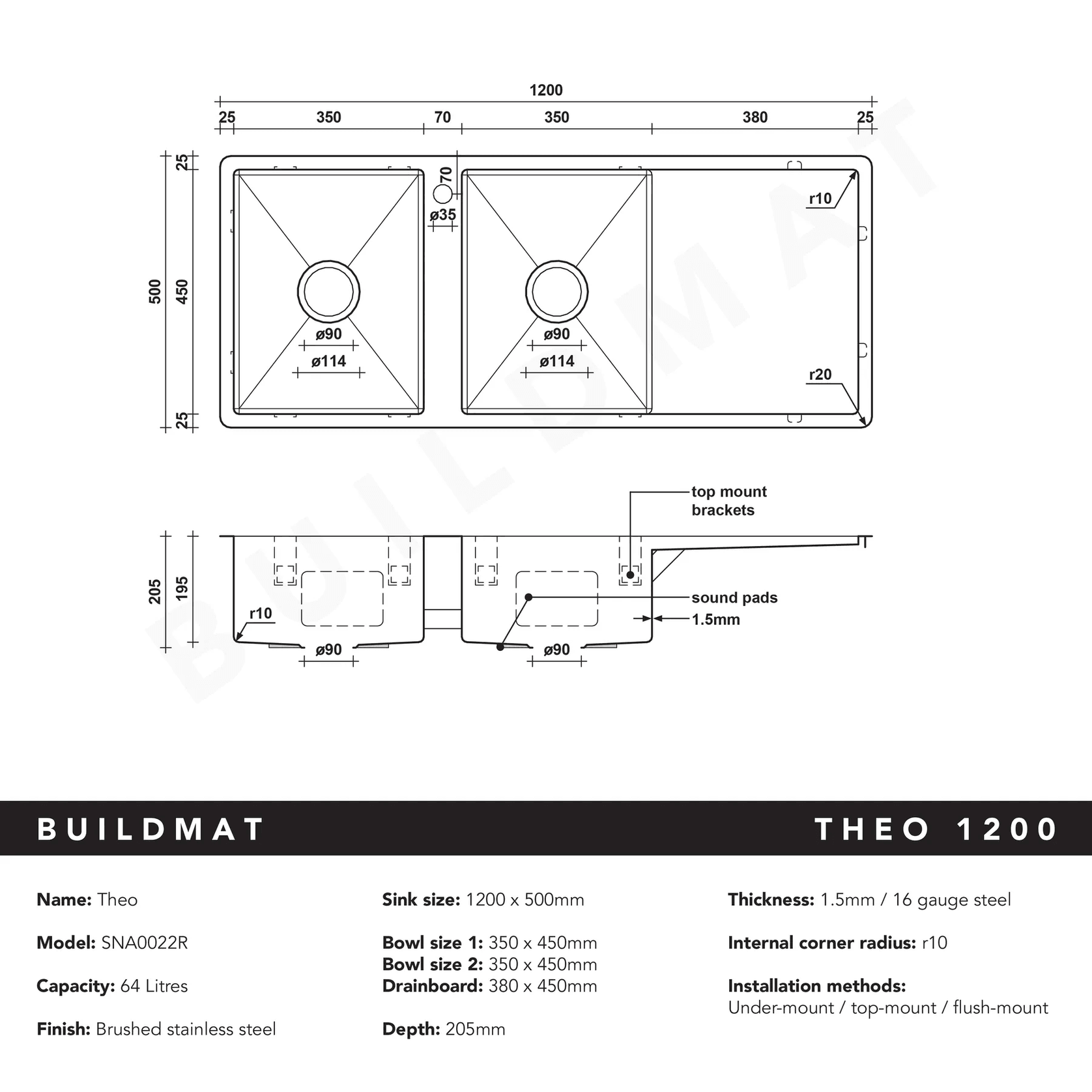 Theo 1200x500 Double Bowl with Drain Board Sink With Taphole Left Hand Drainboard gallery detail image