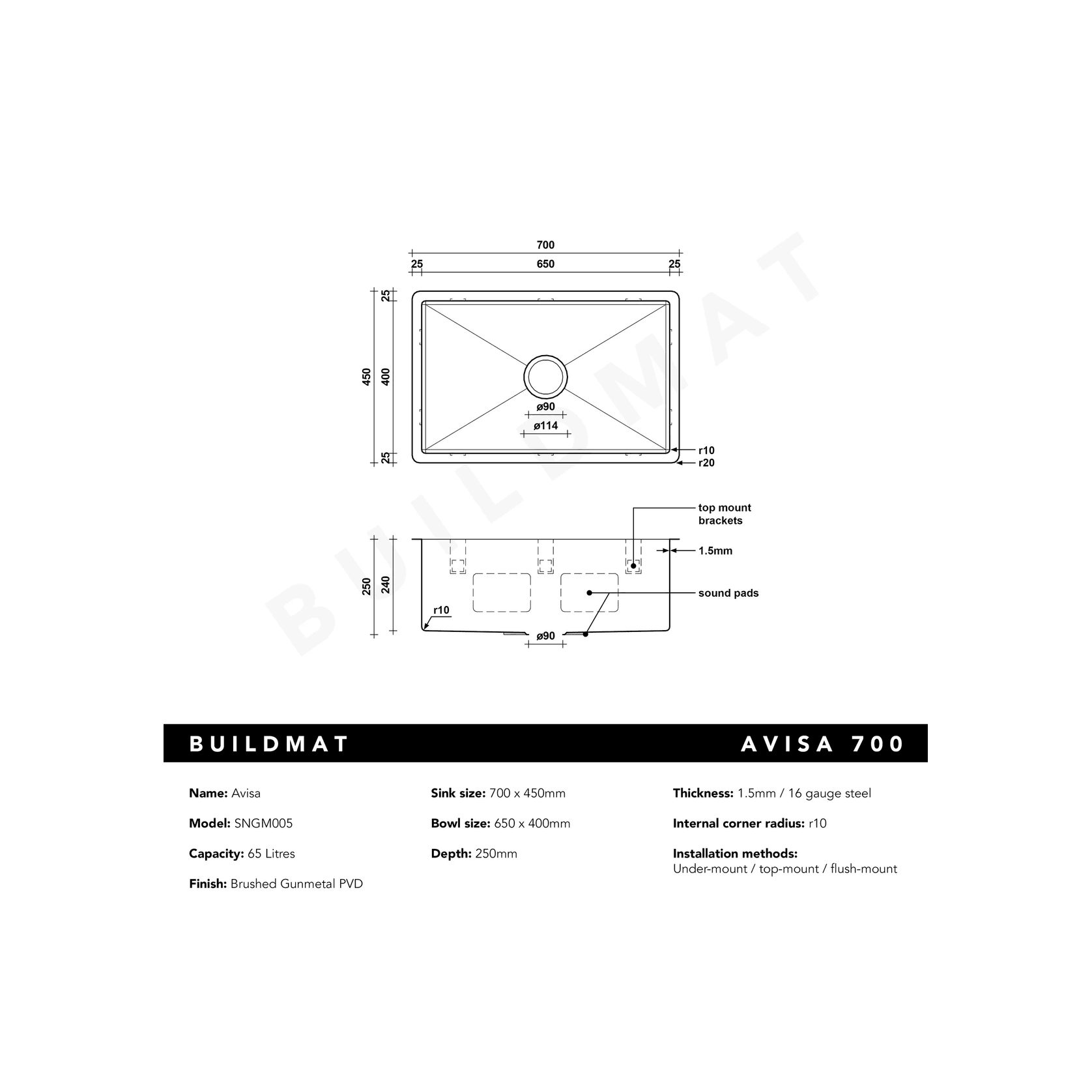 Brushed Gunmetal Avisa 700x450 Large Single Bowl Sink gallery detail image