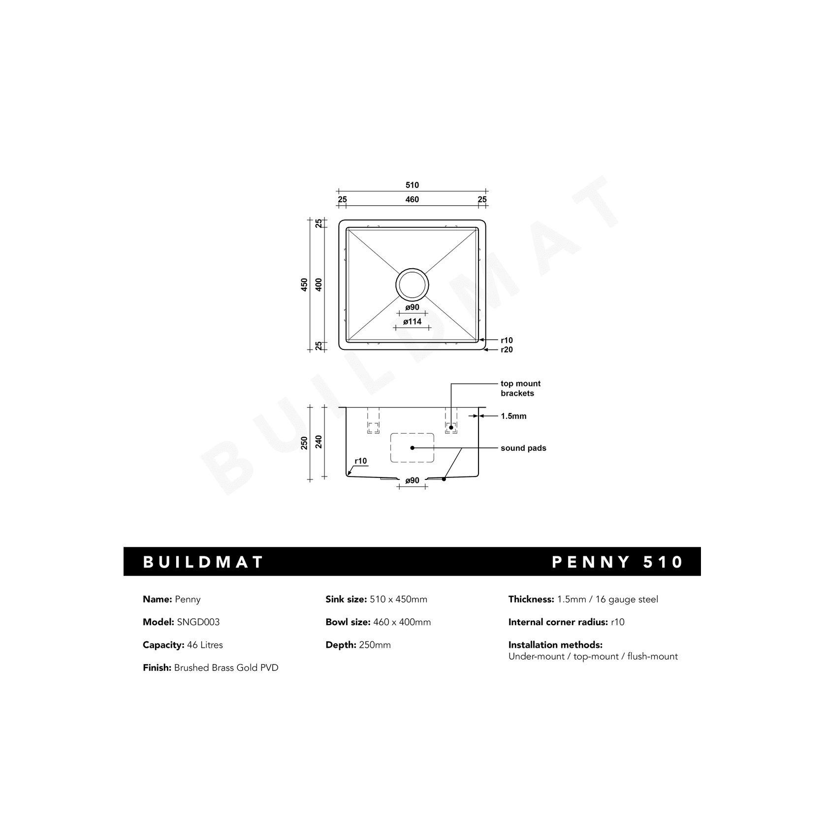 Brushed Brass Gold Penny 510x450 Single Bowl Sink gallery detail image
