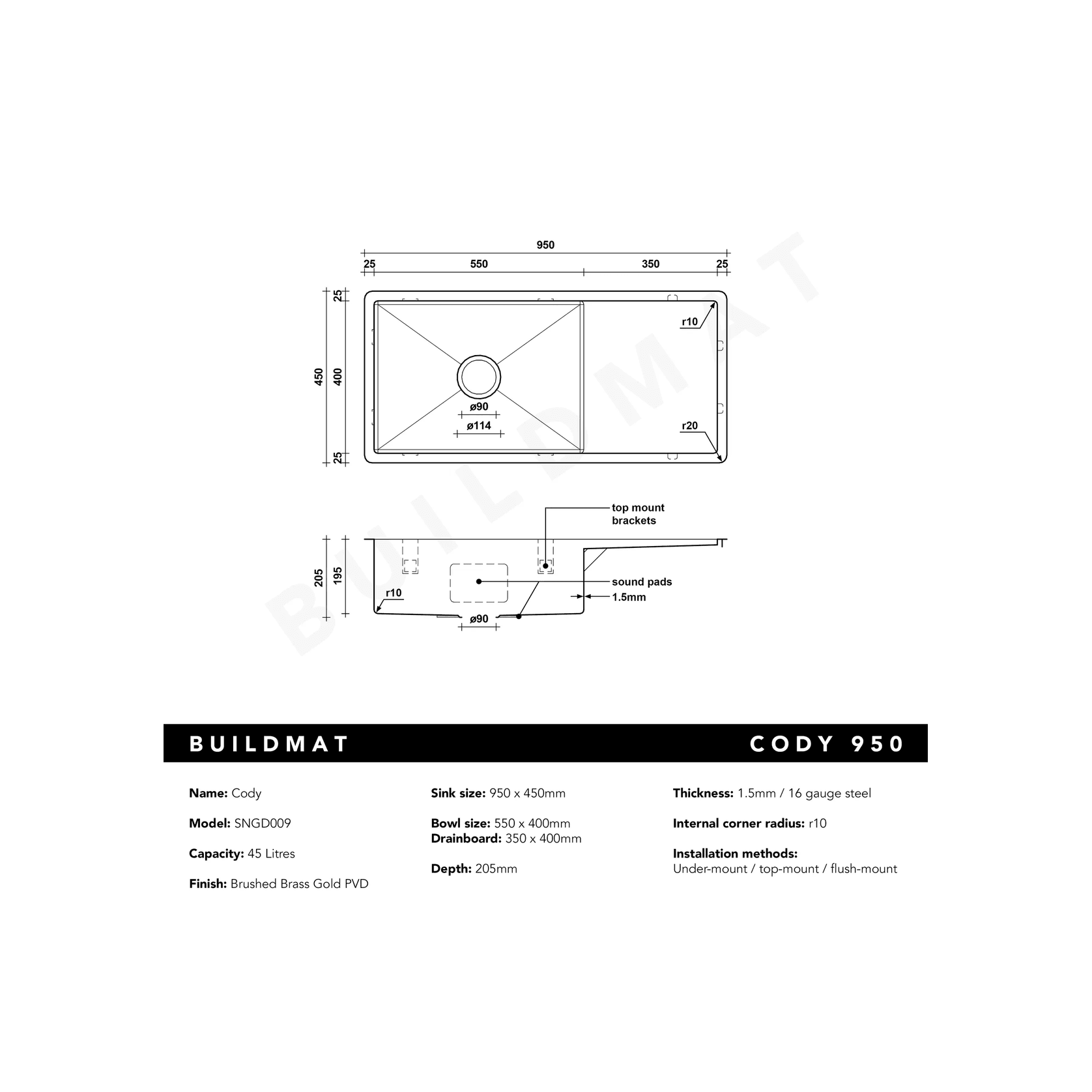 Brushed Brass Gold Cody 950x450 Single Bowl w Drain Board Sink gallery detail image