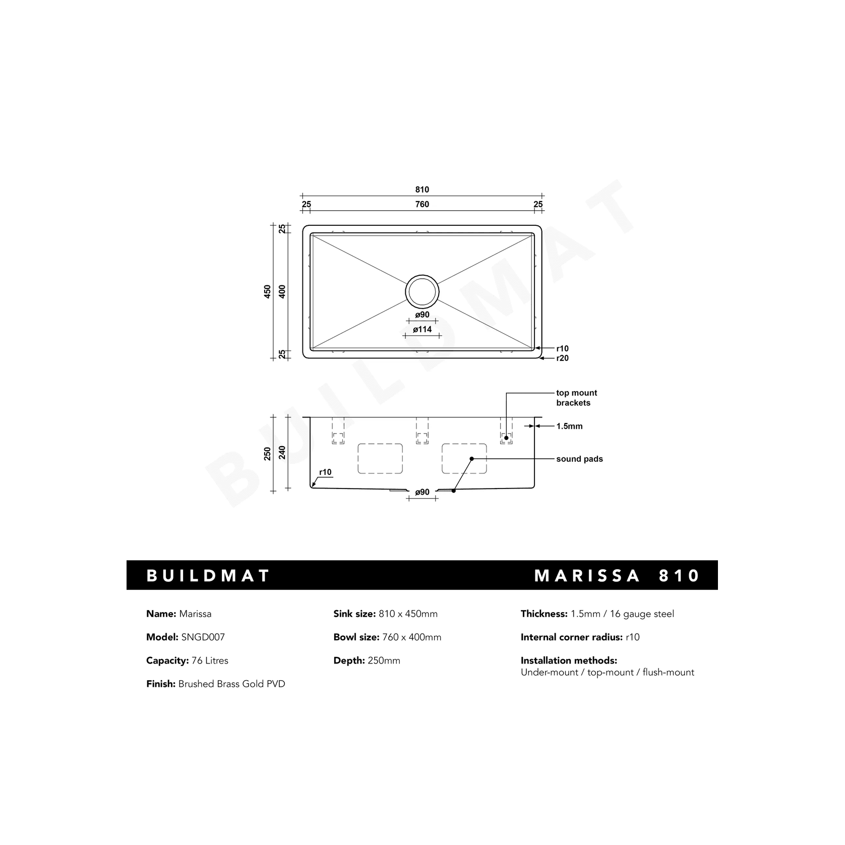 Brushed Brass Gold Marissa 810x450 XLarge Single Bowl Sink Trough gallery detail image