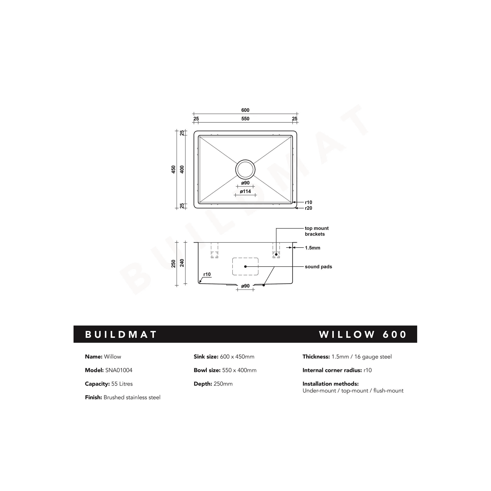 Brushed Brass Gold Willow 600x450 Medium Single Bowl Sink gallery detail image