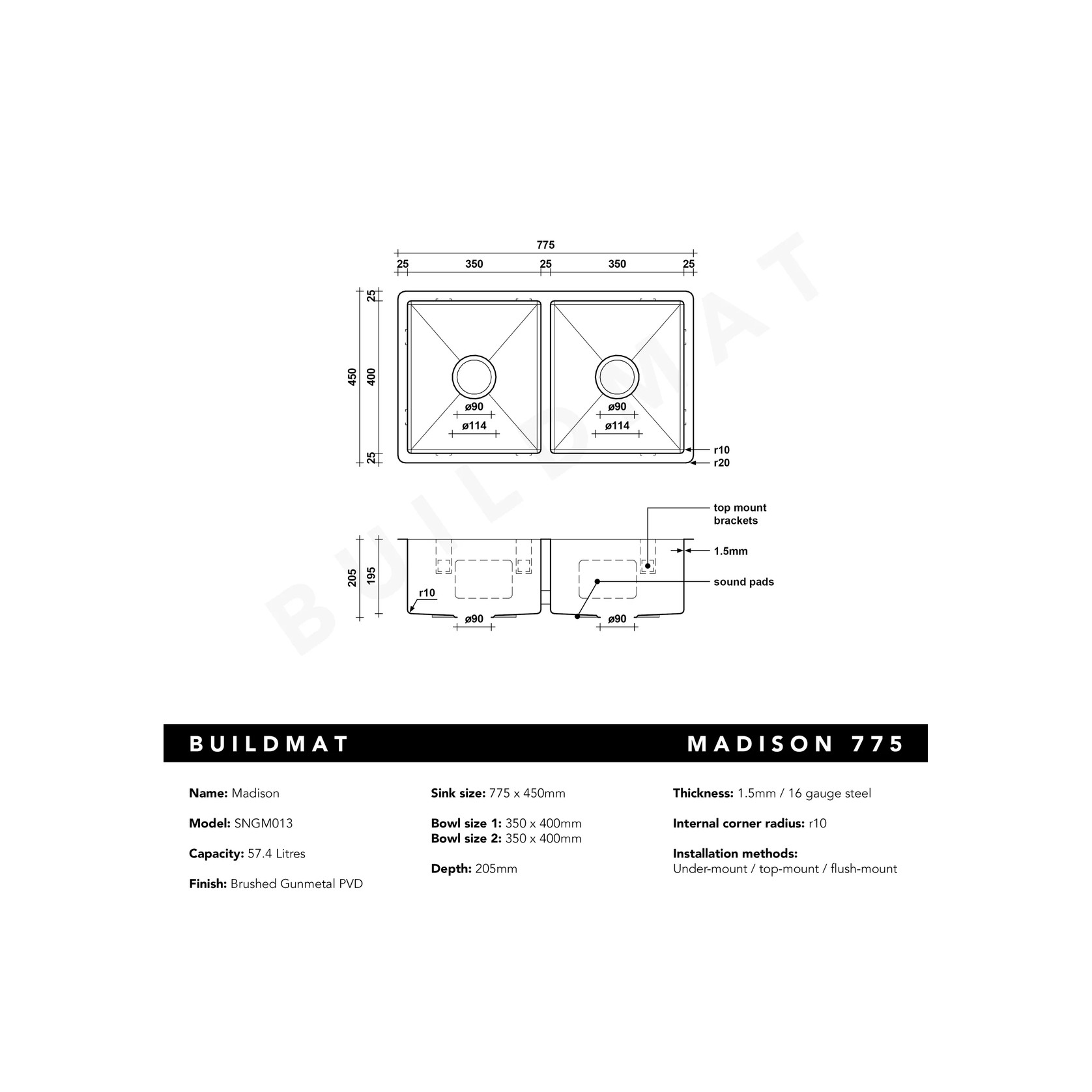 Brushed Gunmetal Madison 775x450 Double Bowl Sink gallery detail image