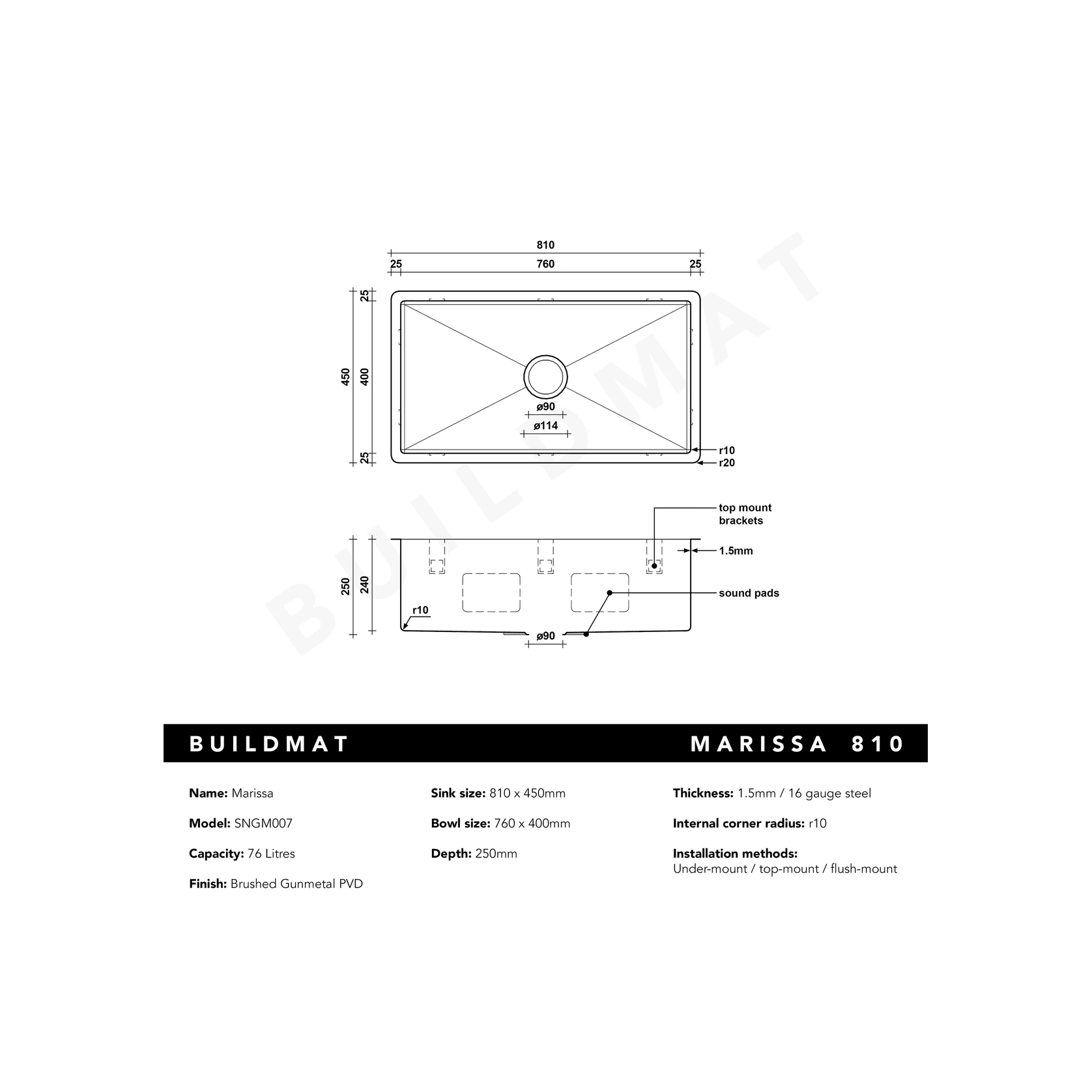 Brushed Gunmetal Marissa 810x450 XLarge Single Bowl Sink Trough gallery detail image