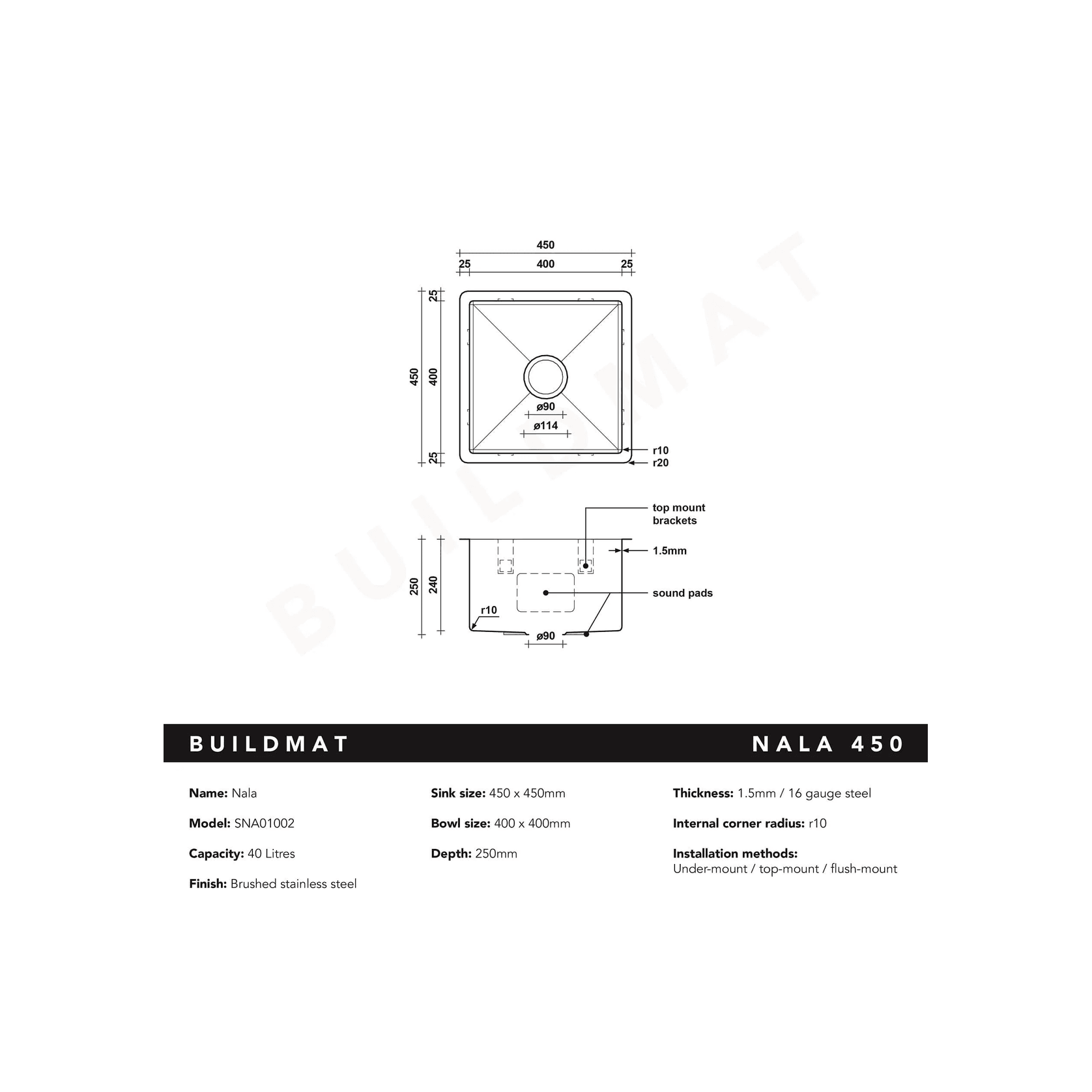 Brushed Gunmetal Nala 450x450 Single Bowl Sink gallery detail image