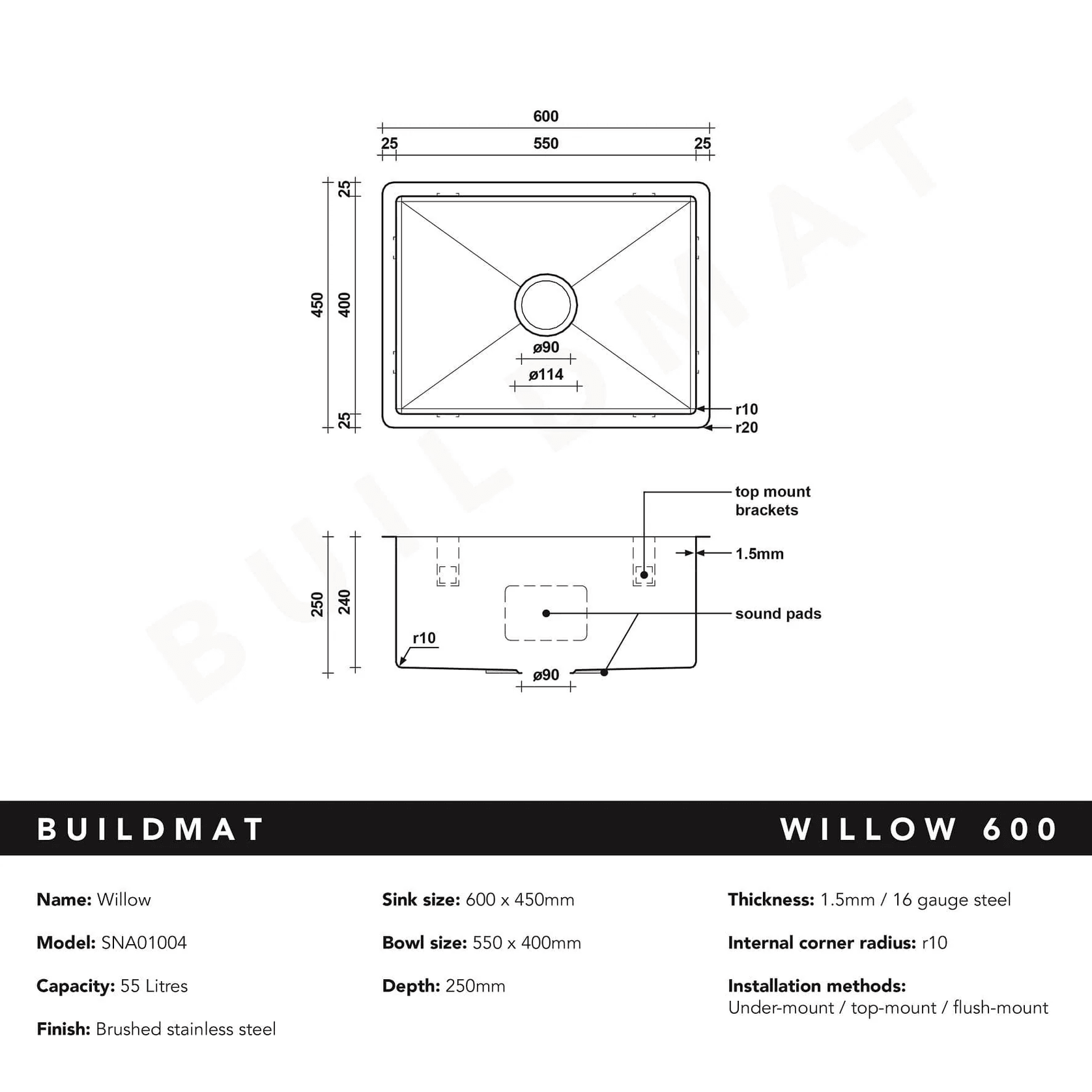 Brushed Gunmetal Willow 600x450 Medium Single Bowl Sink gallery detail image