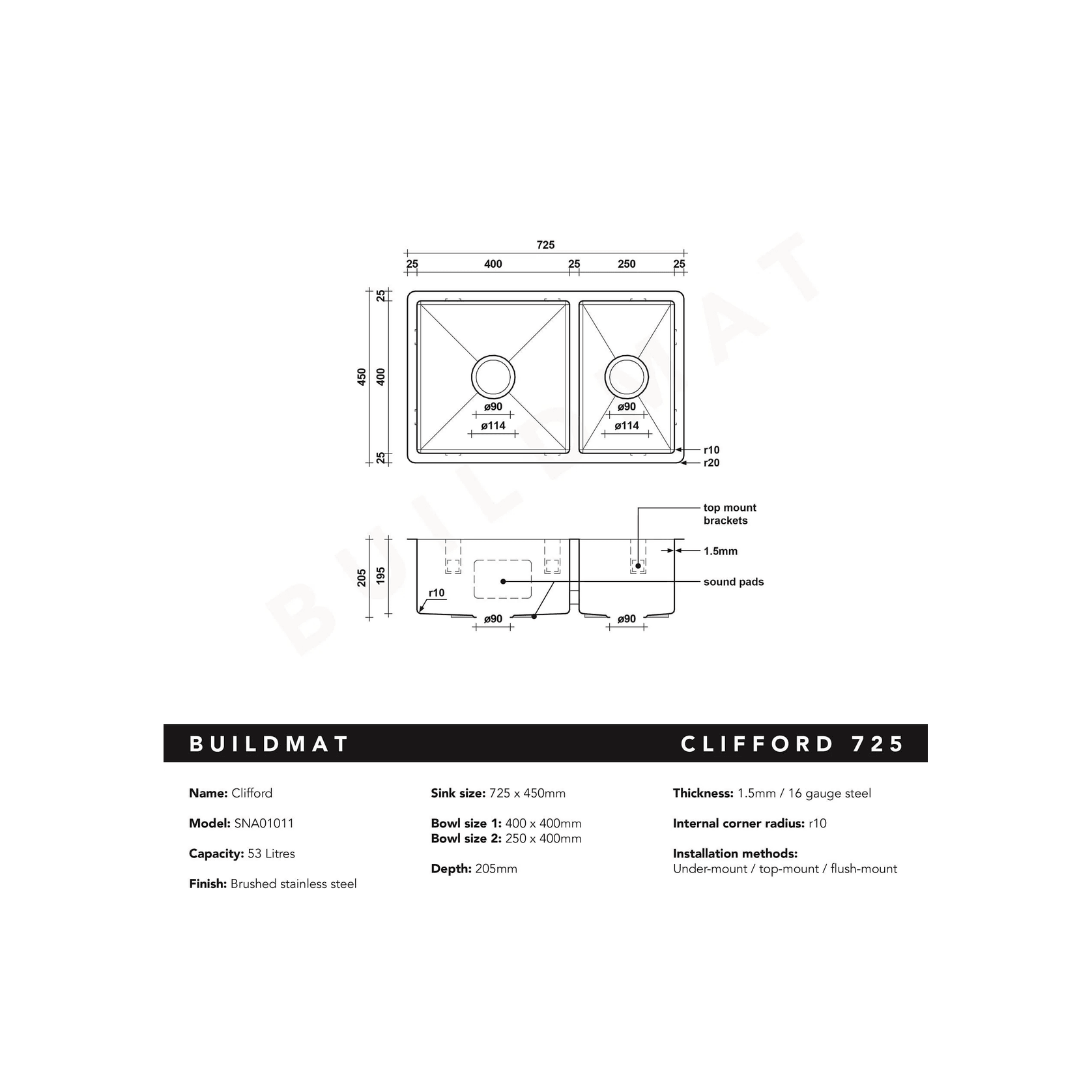 Clifford 725x450 Single & 1/4 Bowl Sink gallery detail image