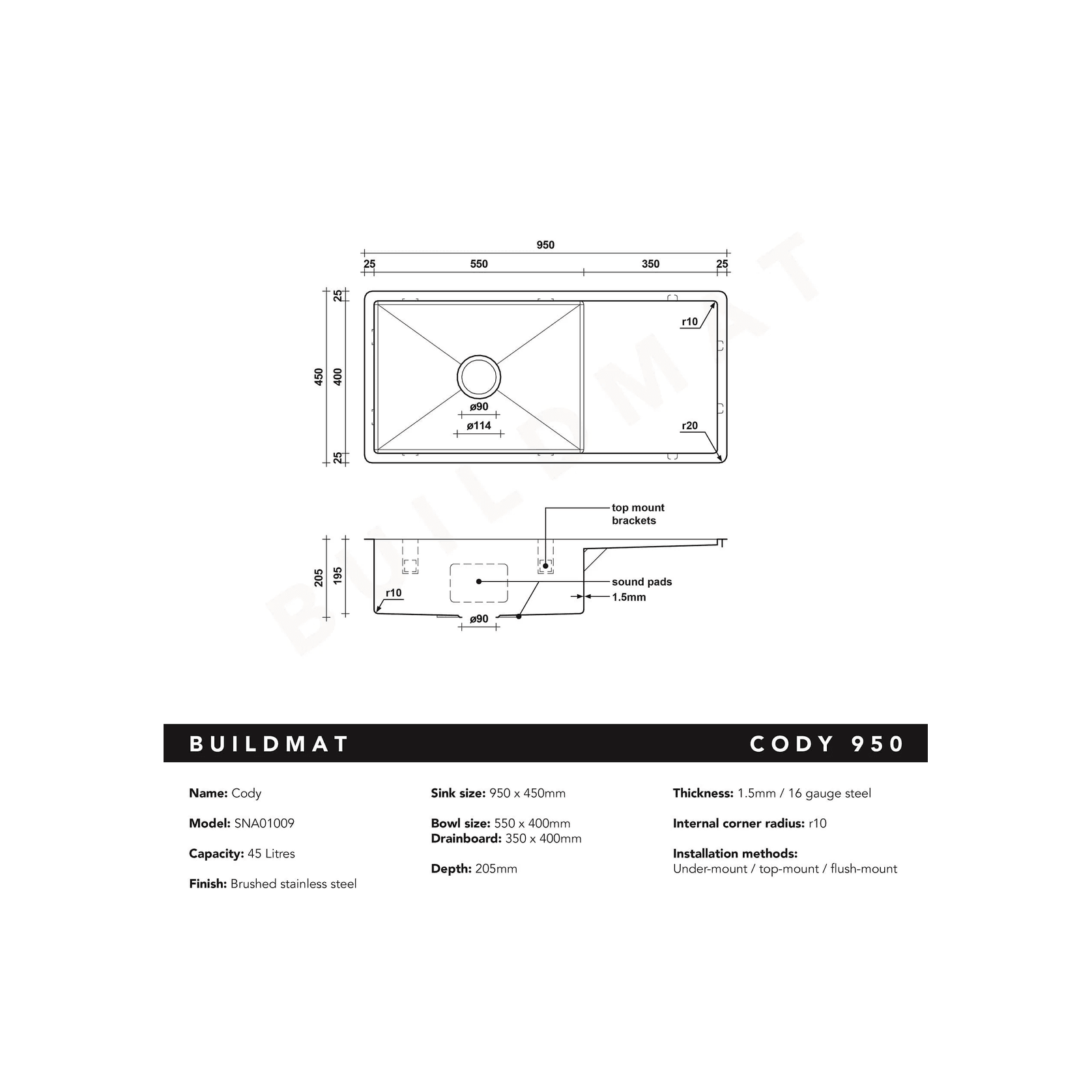 Cody 950x450 Single Bowl w Drain Board Sink gallery detail image