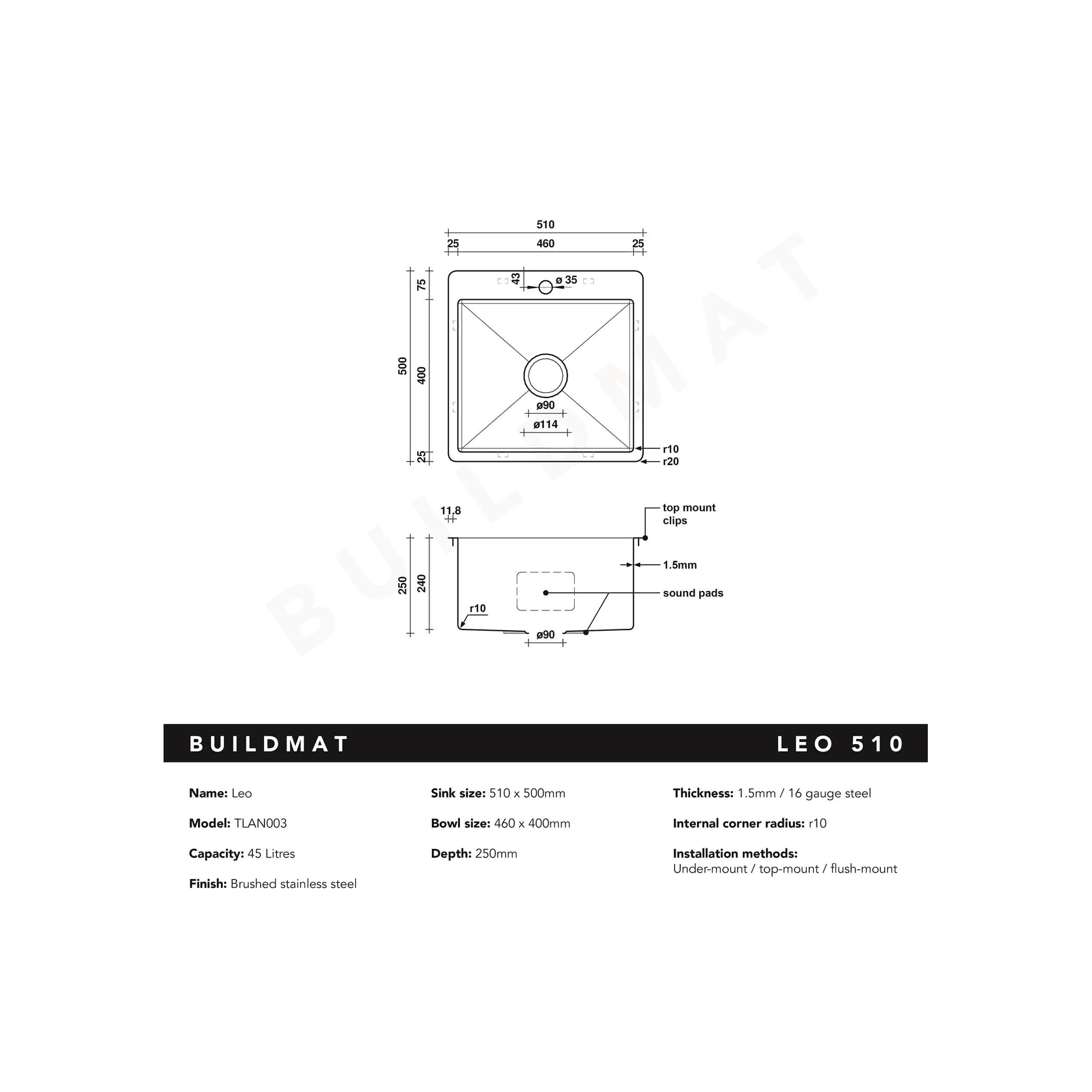 Leo 510x500 Single Bowl Tap Landing Sink gallery detail image