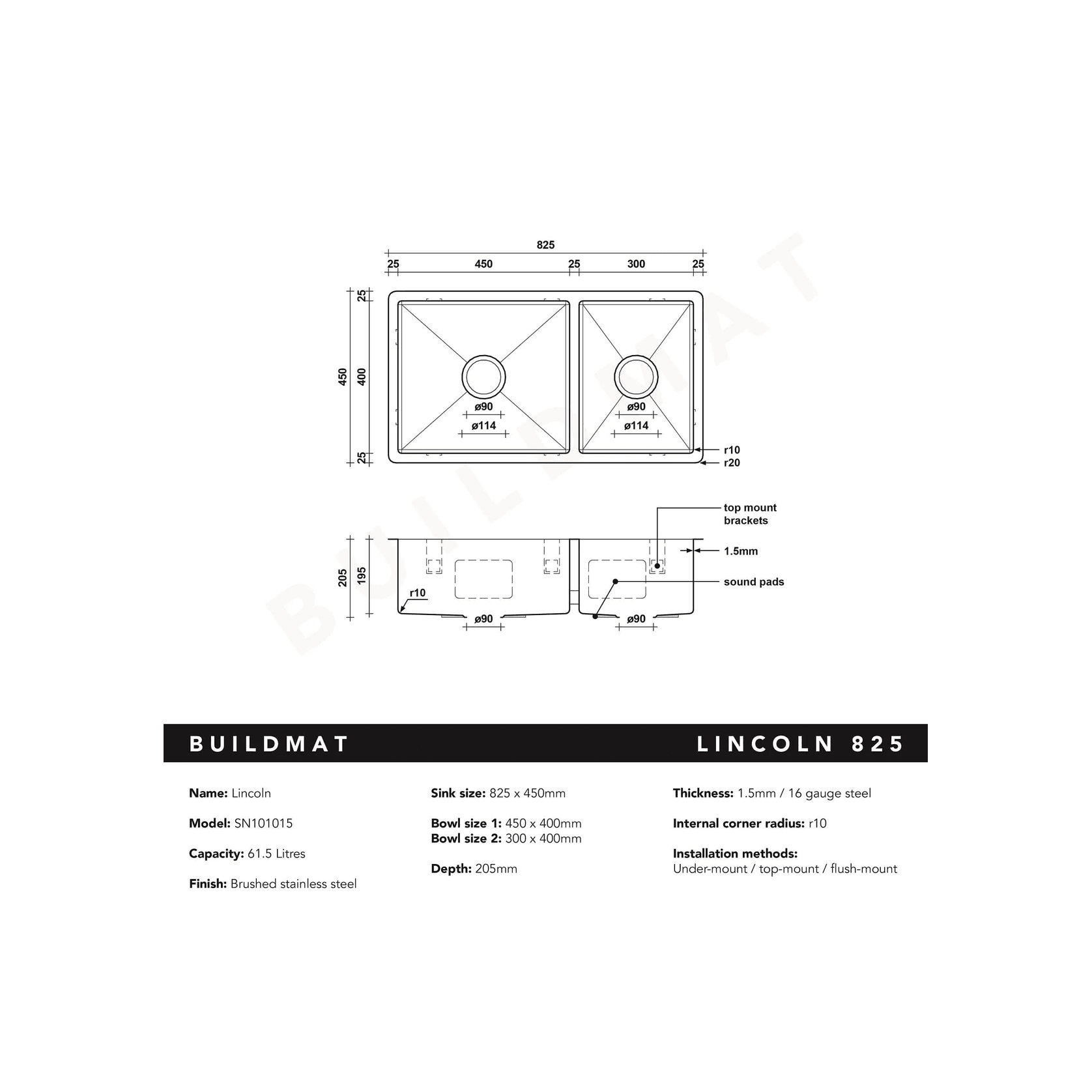 Lincoln 825x450 Single +3/4 Bowl Sink gallery detail image