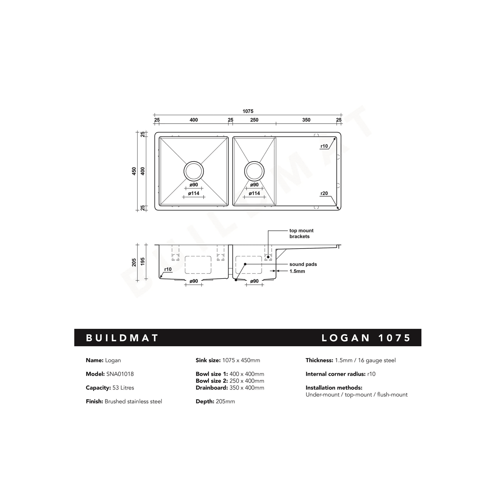 Logan 1075x450 Single & Qtr Bowl with Drain Board Sink gallery detail image