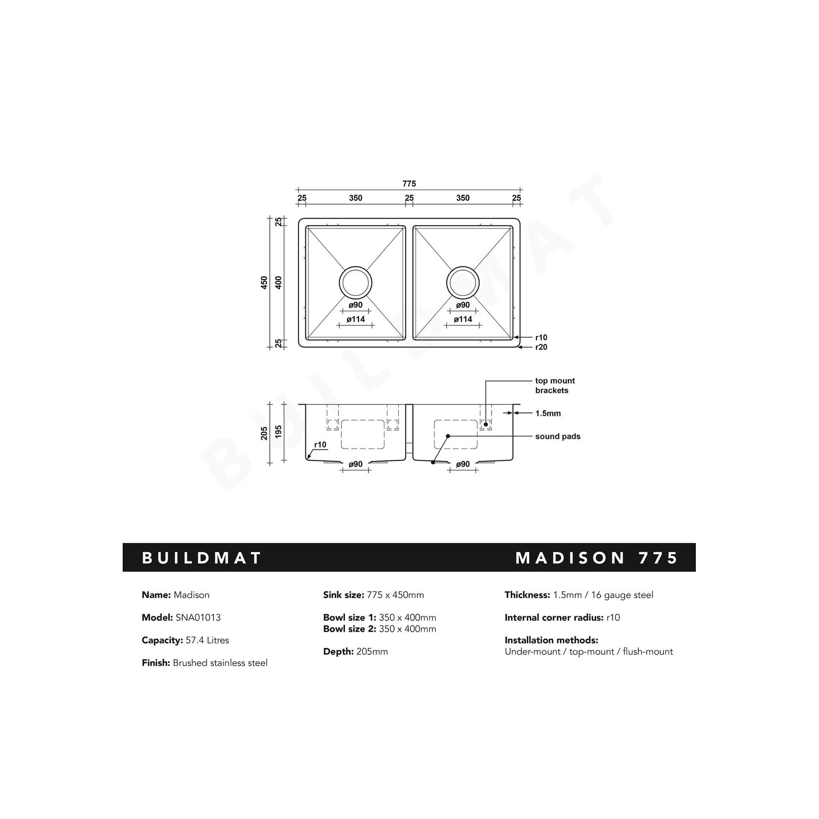 Madison 775x450 Double Bowl Sink gallery detail image
