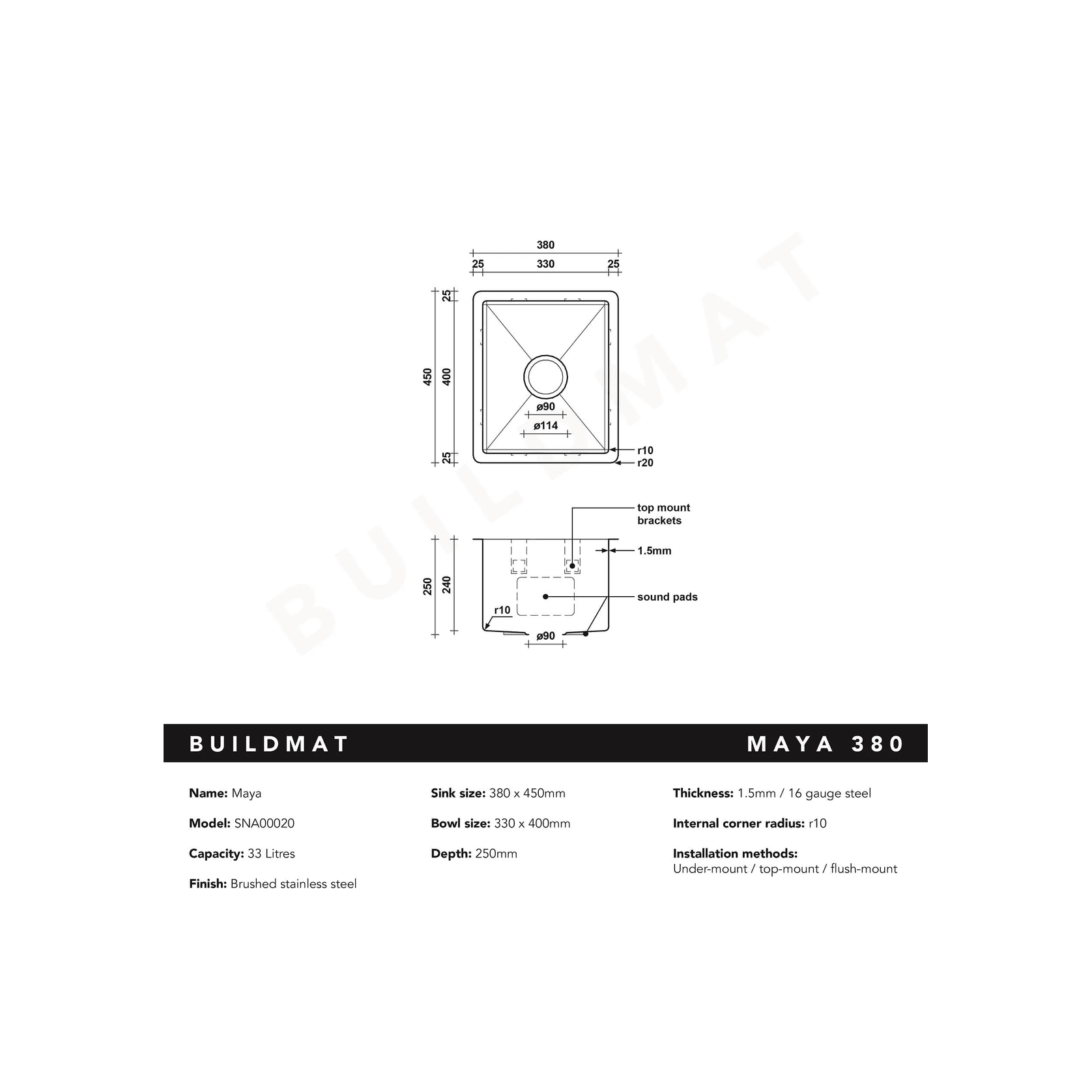 Maya 380x450 Single Bowl Sink gallery detail image