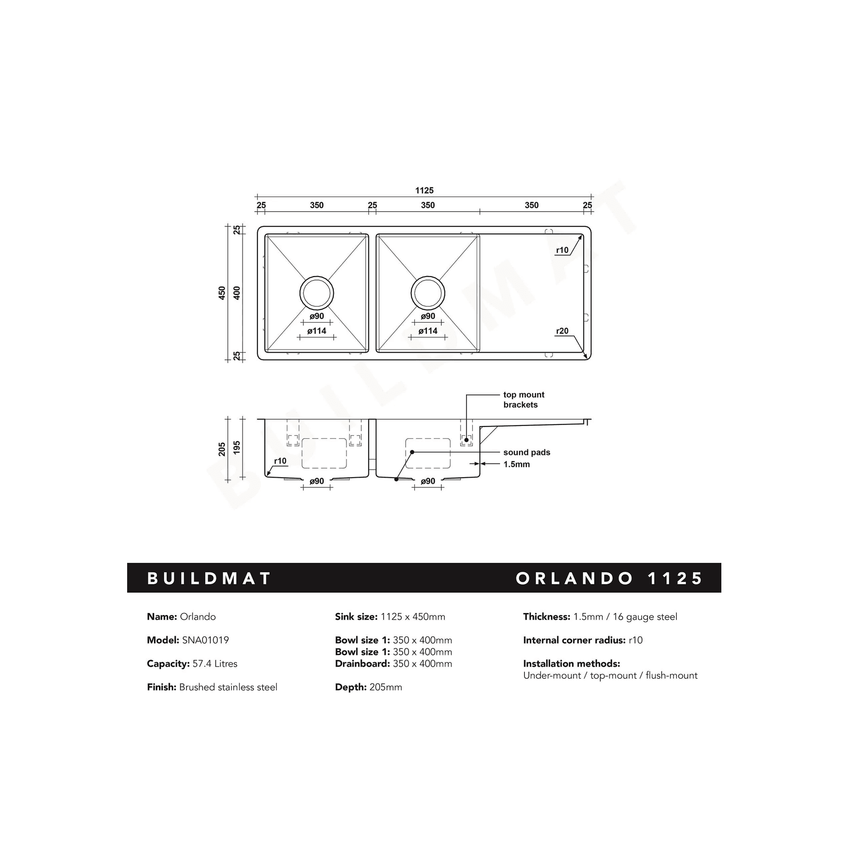 Orlando 1125x450 Double Bowl with Drain Board Sink gallery detail image