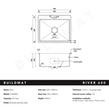 River 600x500 Medium Single Bowl Tap Landing Sink gallery detail image